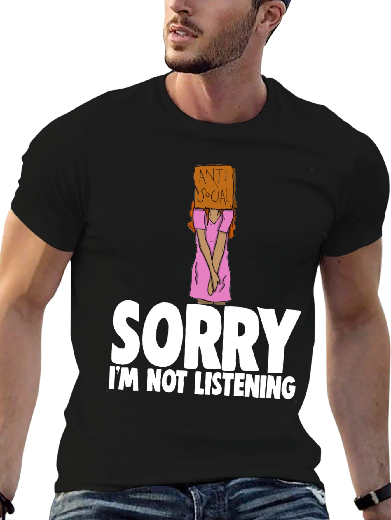 Black Anti-Social Graphic Tee: Sorry Not Listening view 6