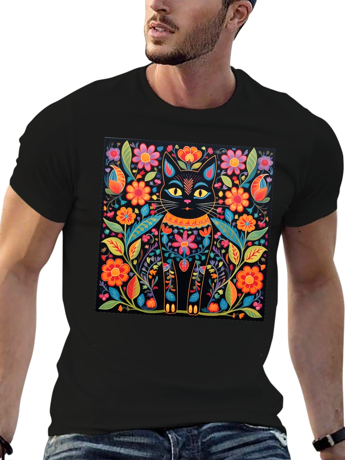 Black Floral Cat Graphic Print Black T-Shirt view 6