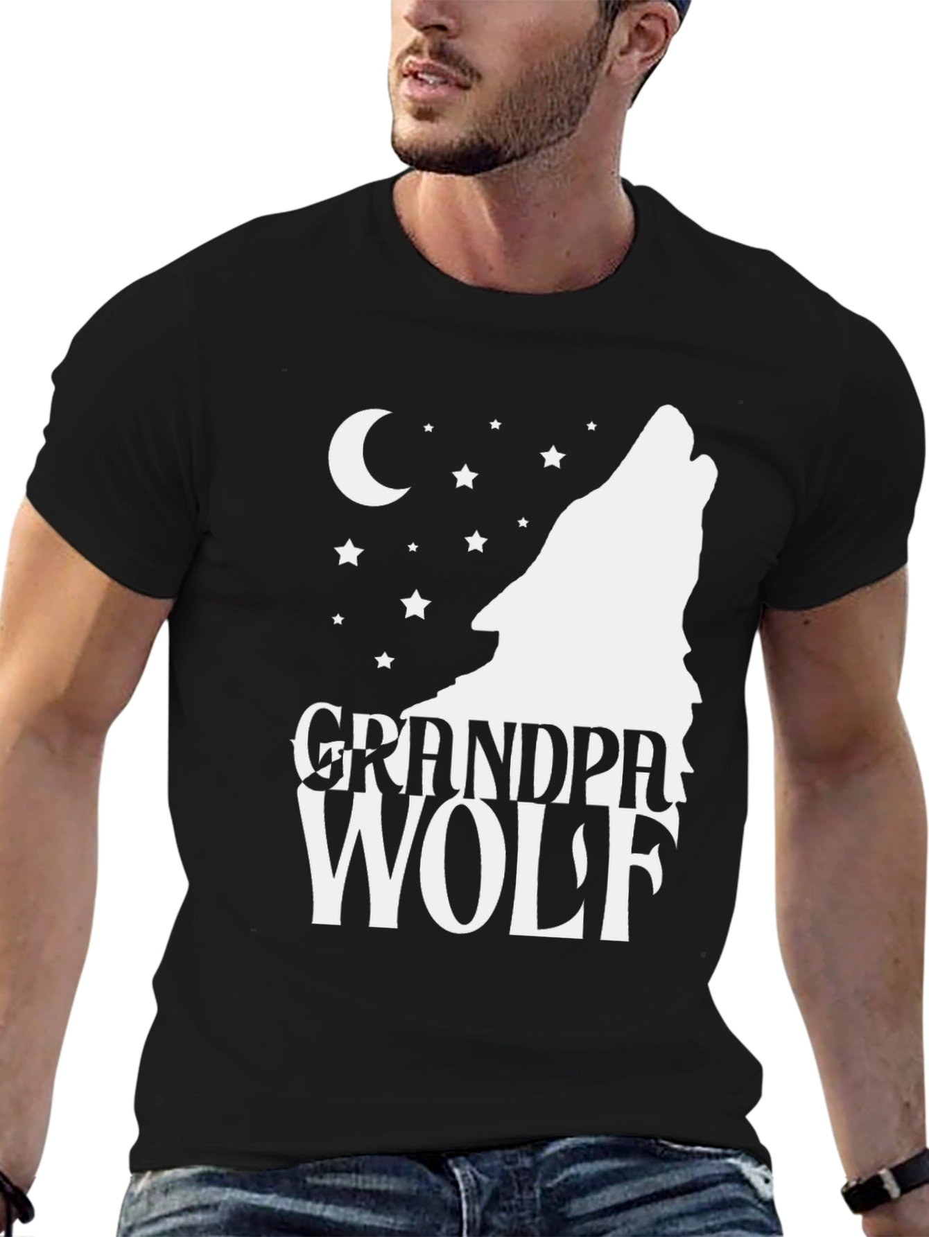 Black Grandpa Wolf T-Shirt - Howling Moon Design view 6