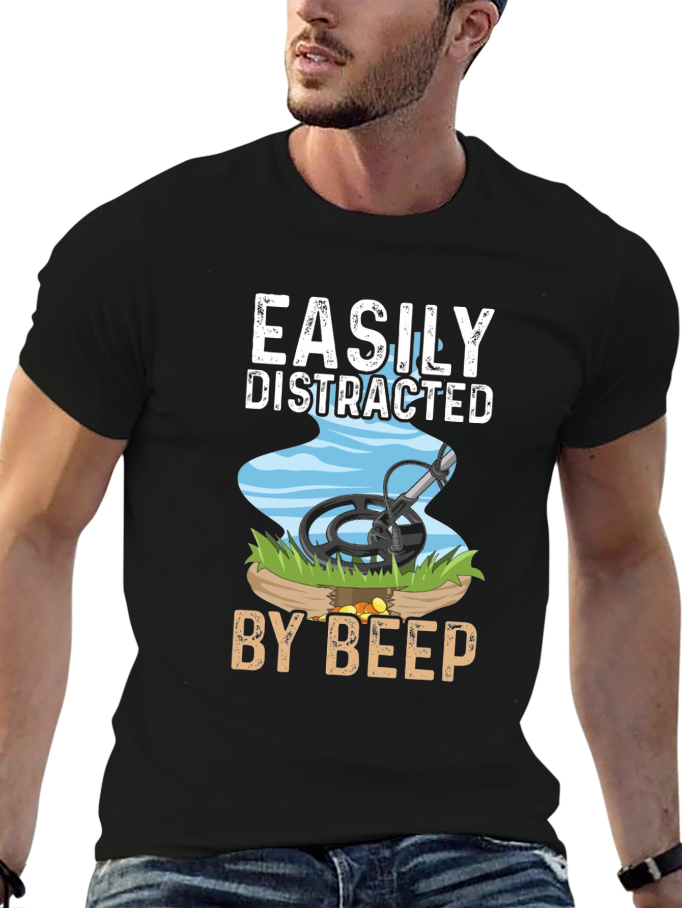 Black Easily Distracted By Beep T-Shirt Metal Detecting Hobby view 6