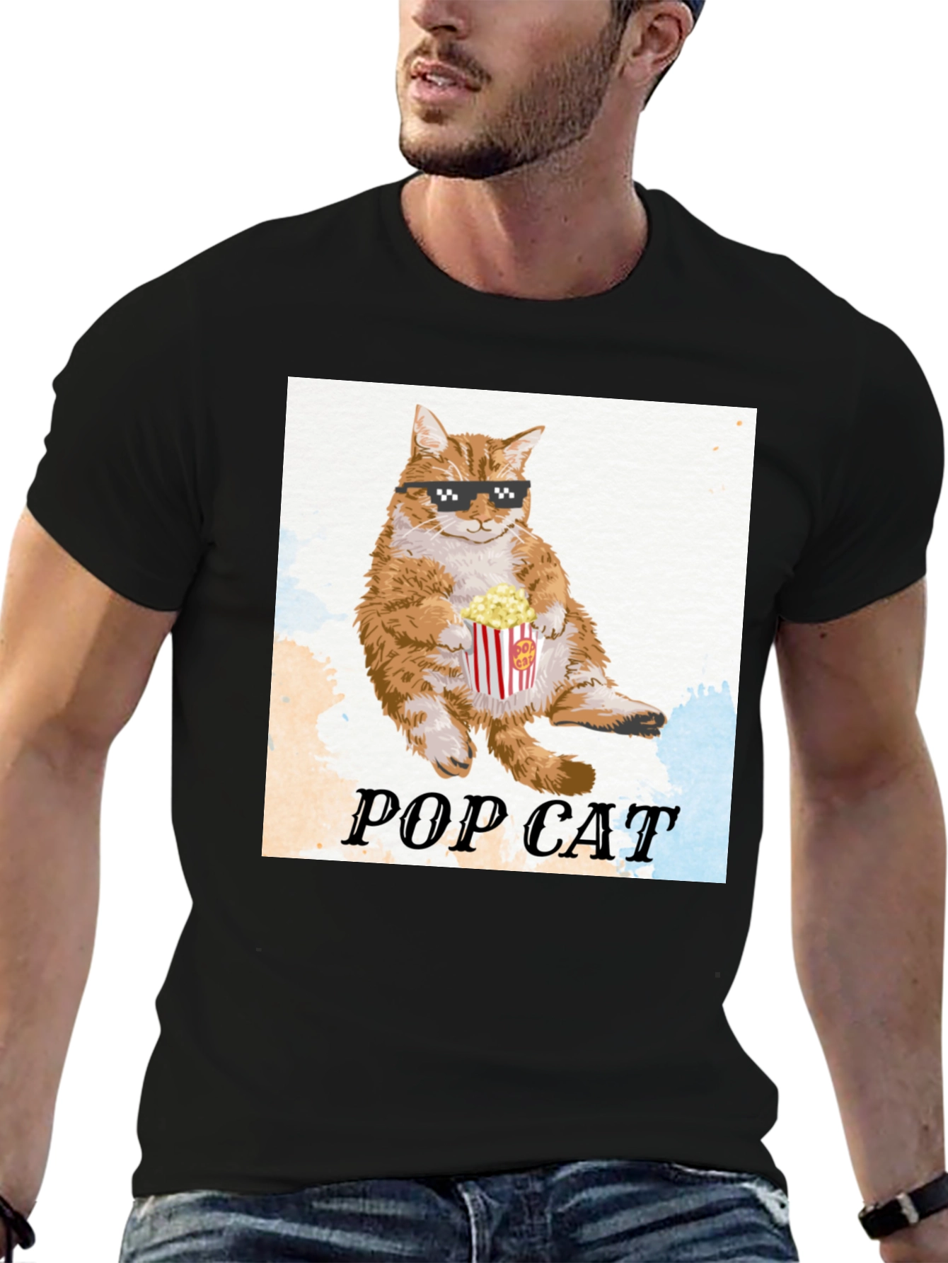 Black Pop Cat T-Shirt: Cool Cat with Popcorn view 6