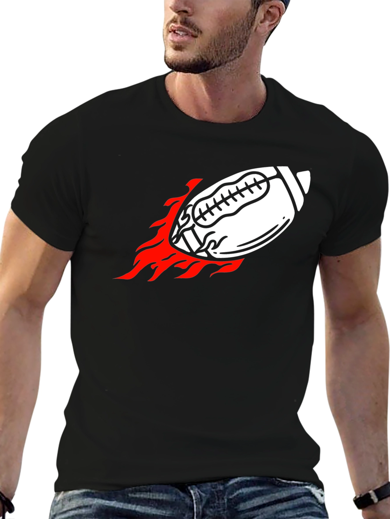 Black Flaming Football Graphic Tee - Black Cotton Shirt view 6