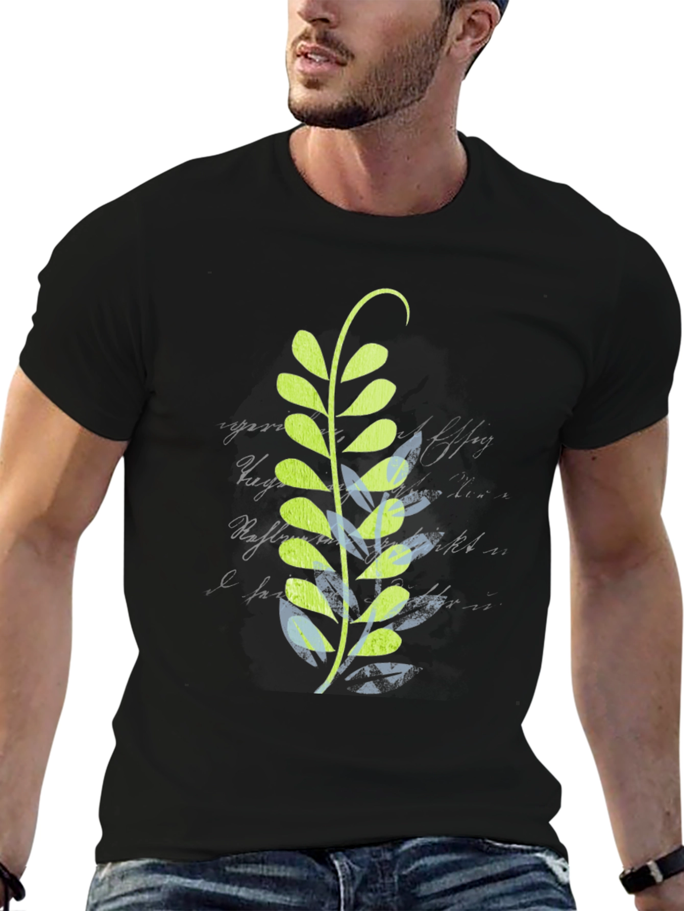 Black Leaf Design Black T-Shirt view 6