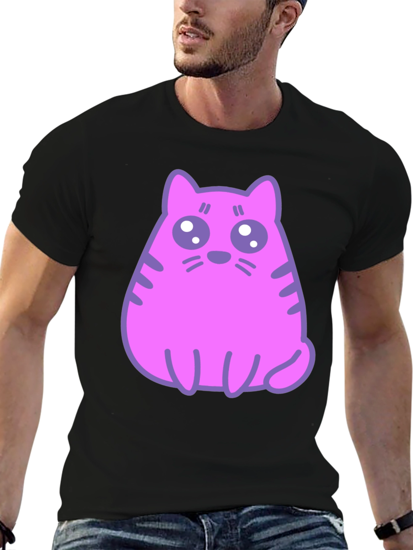 Black Cute Pink Cat Graphic T-Shirt - Black Cotton Blend Tee view 6