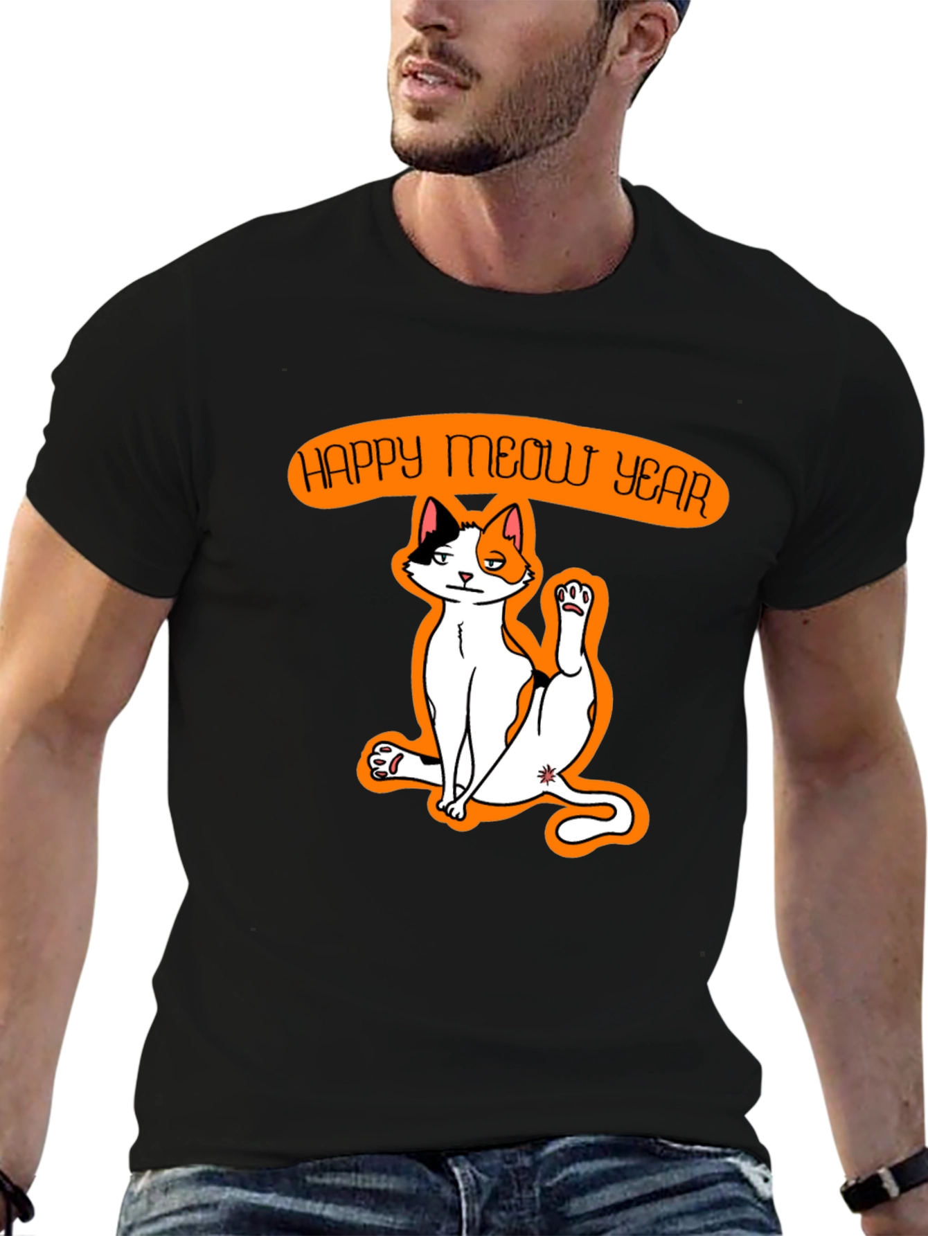 Black Happy Meow Year T-Shirt - Festive Cat Graphic Tee view 6
