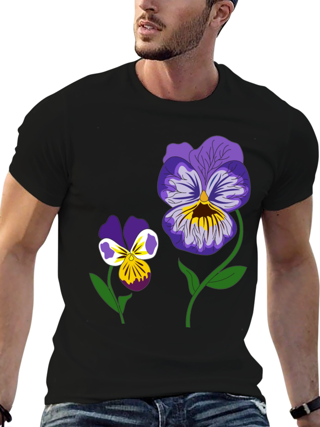 Black Floral Graphic T-Shirt - Pansy Design Black Tee view 6