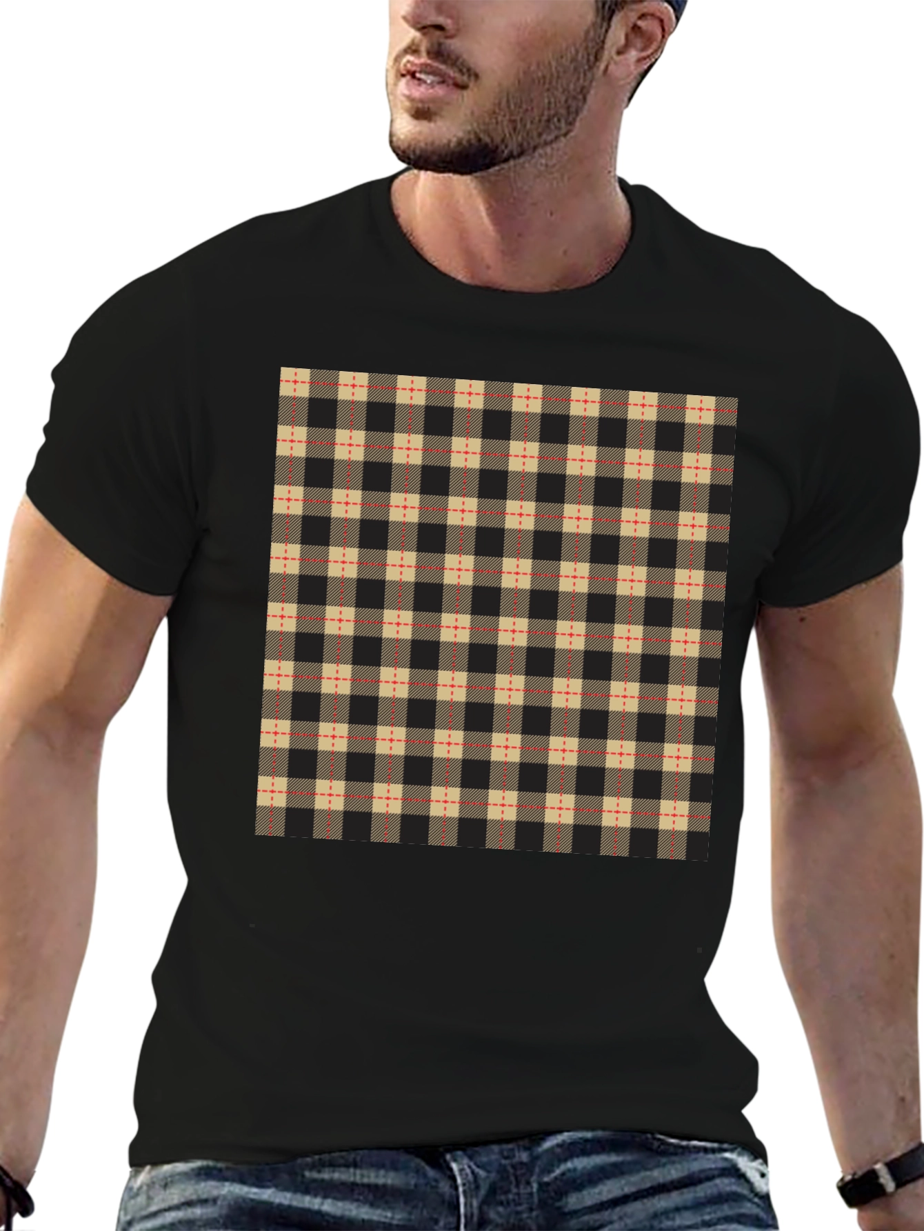 Black Plaid Pattern Black Casual T-Shirt view 6