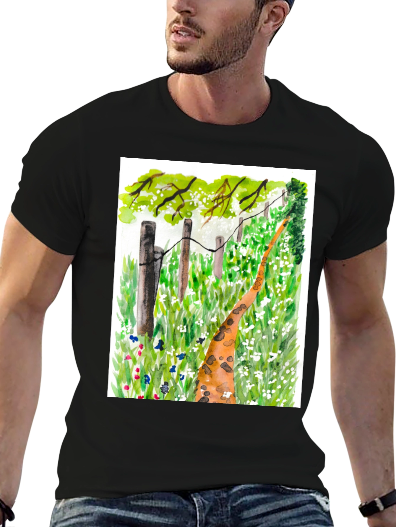 Black Watercolor Meadow Path Black T-Shirt view 6