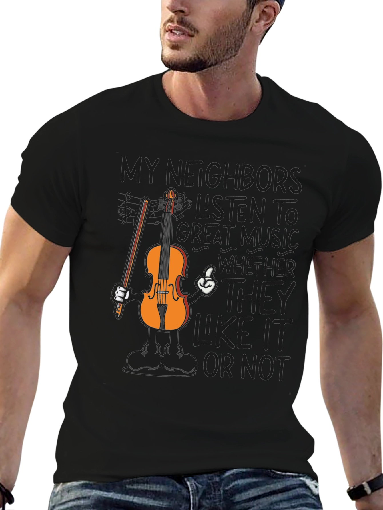 Black Funny Music T-Shirt - My Neighbors Listen To Great Music view 6
