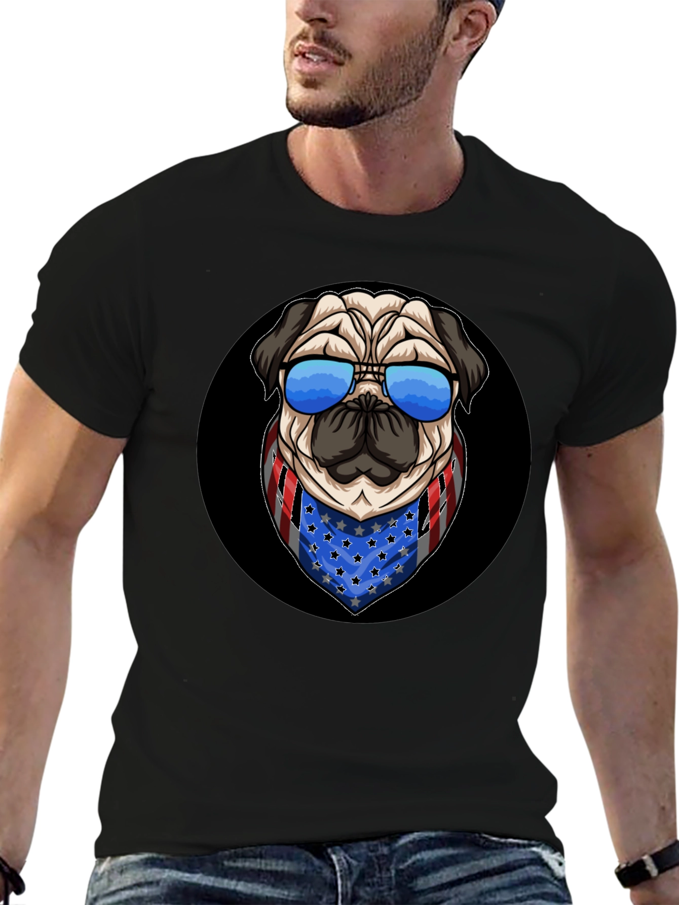Black Patriotic Pug T-Shirt: USA Flag Bandana & Shades view 6