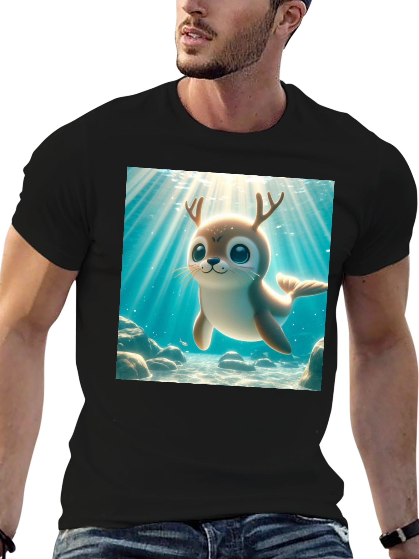 Black Cute Antlered Seal T-Shirt view 6