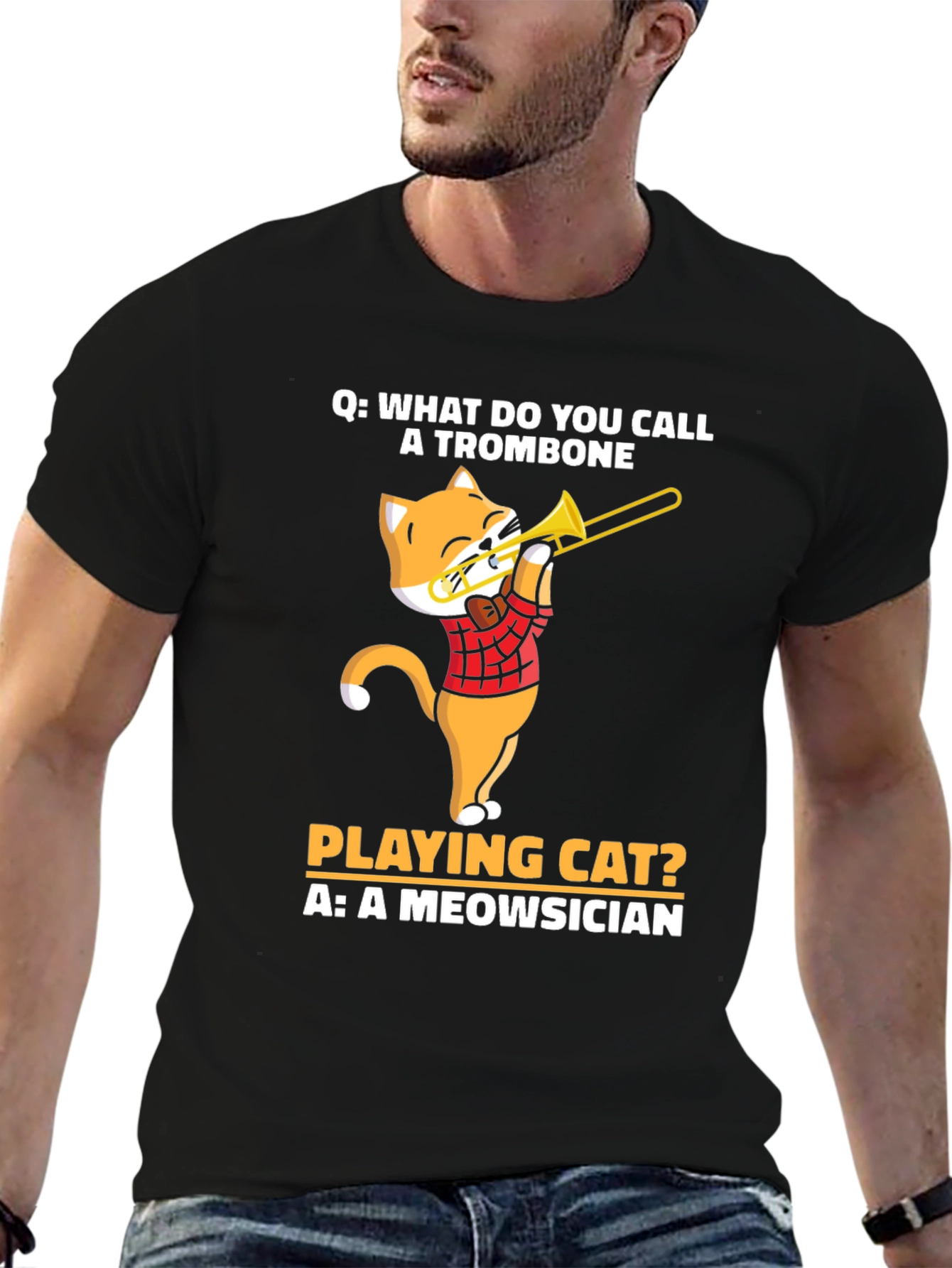 Black Meowsician Trombone Cat T-Shirt view 6