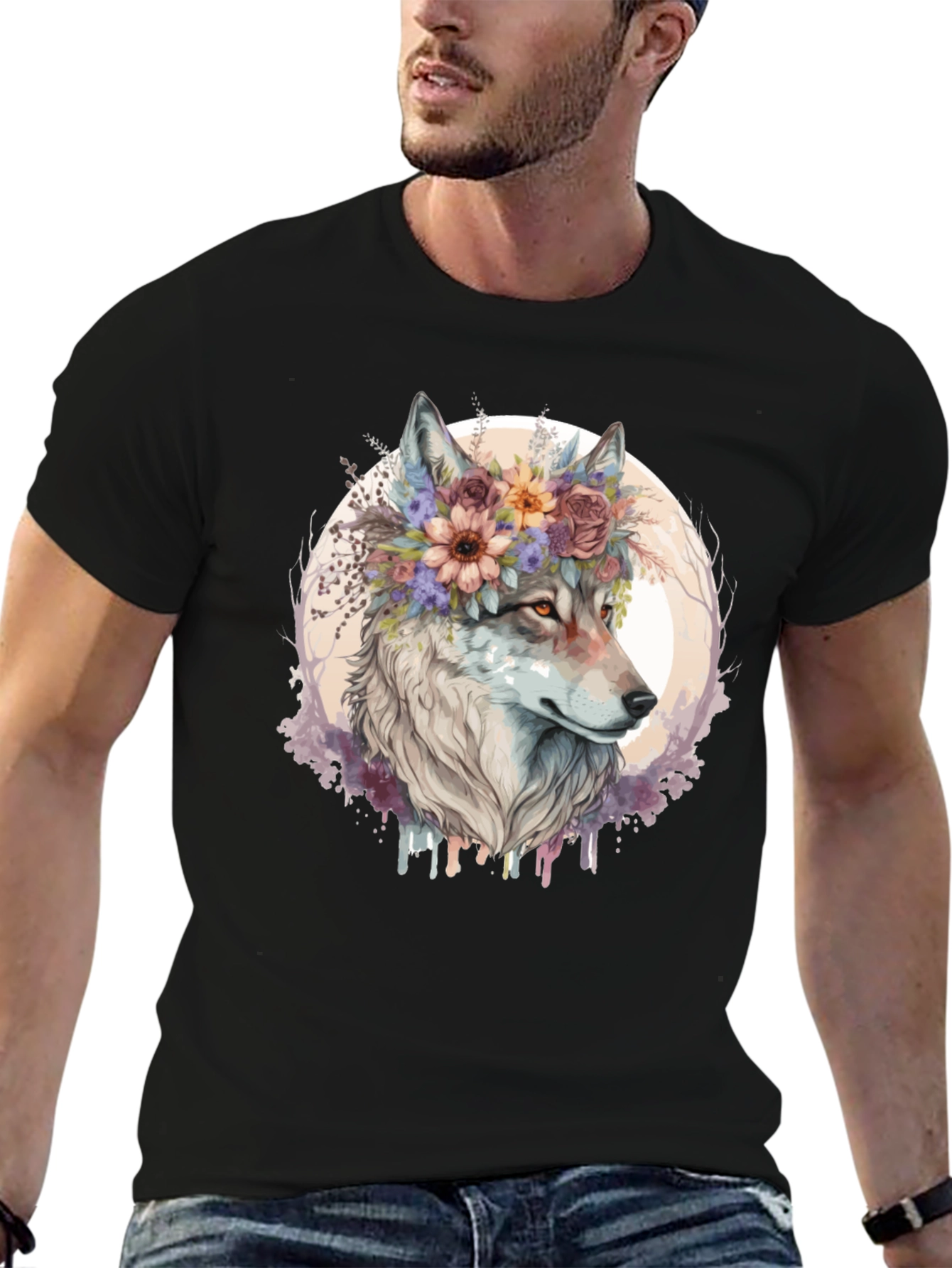 Black Wolf Flower Crown Graphic Tee - Unisex Black T-Shirt view 6