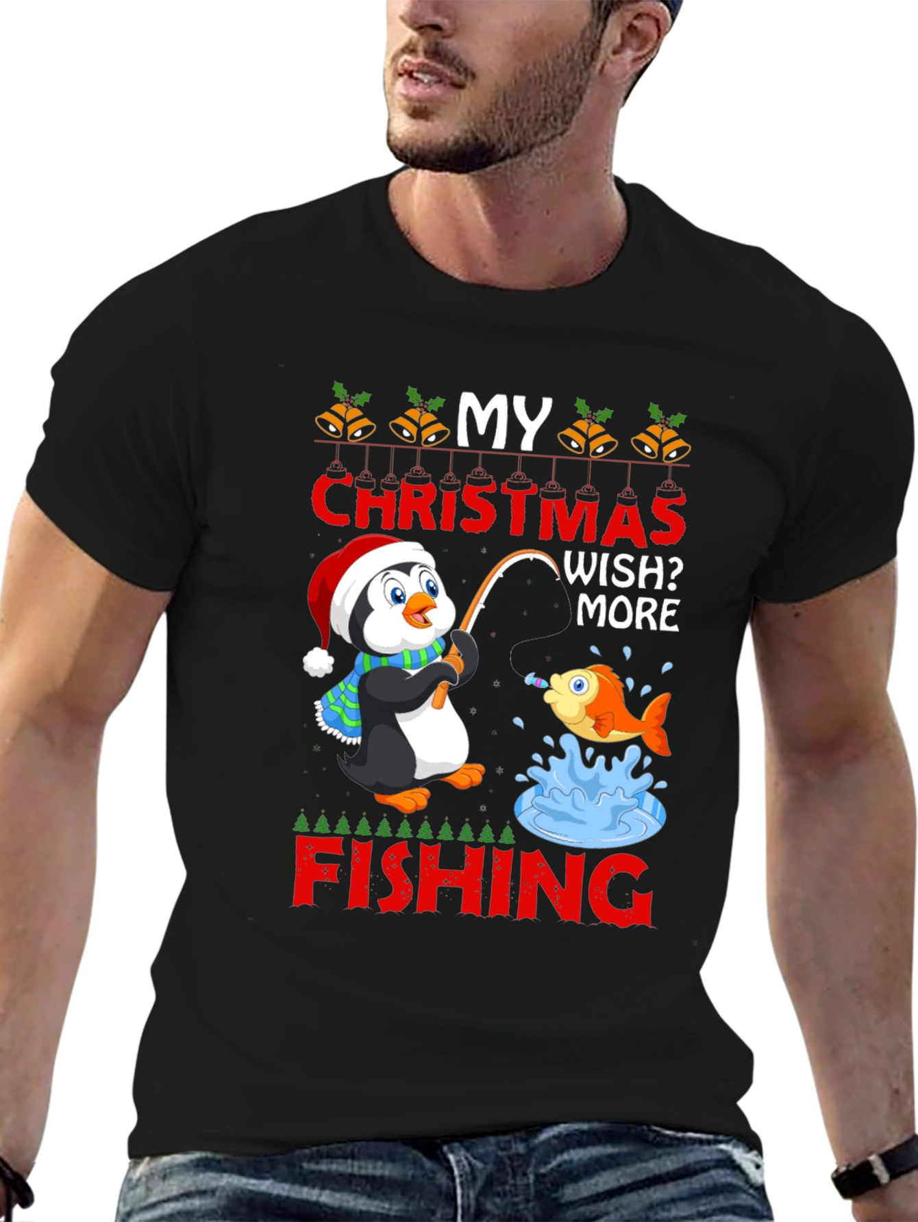 Black Christmas Penguin Fishing T-Shirt view 6