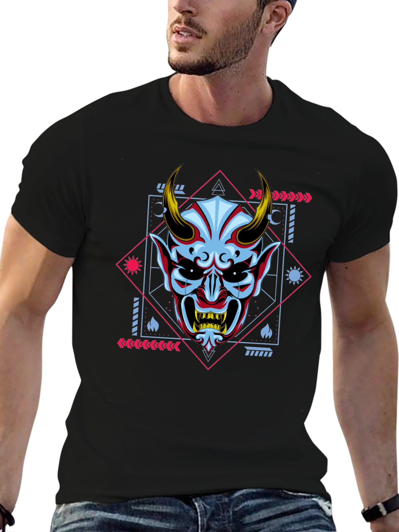 Black Geometric Oni Mask Graphic Tee - Black view 6
