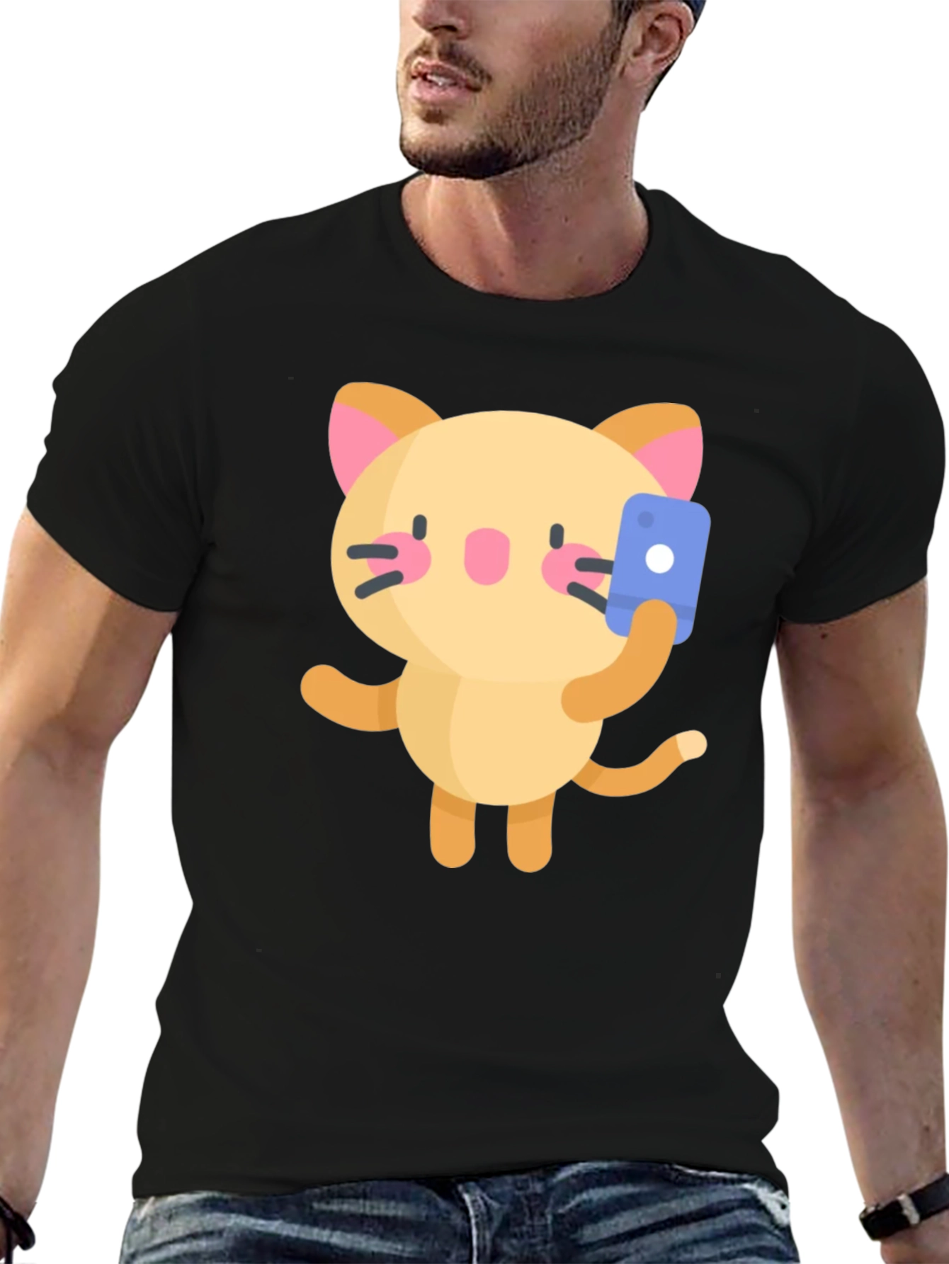 Black Selfie Cat Graphic Tee - Black Cotton Blend Shirt view 6