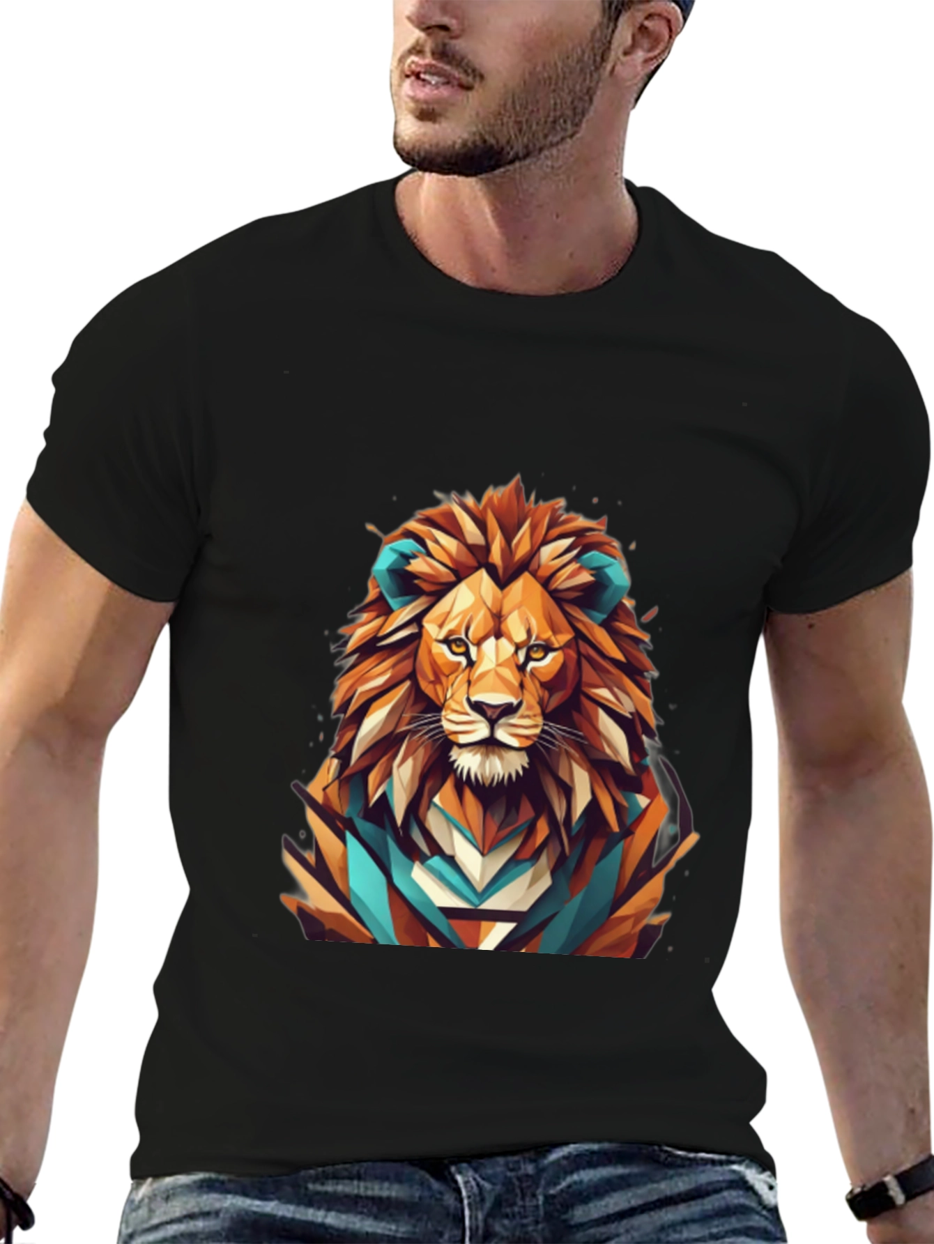 Black Geometric Lion Graphic Tee - Men's Black T-Shirt view 6