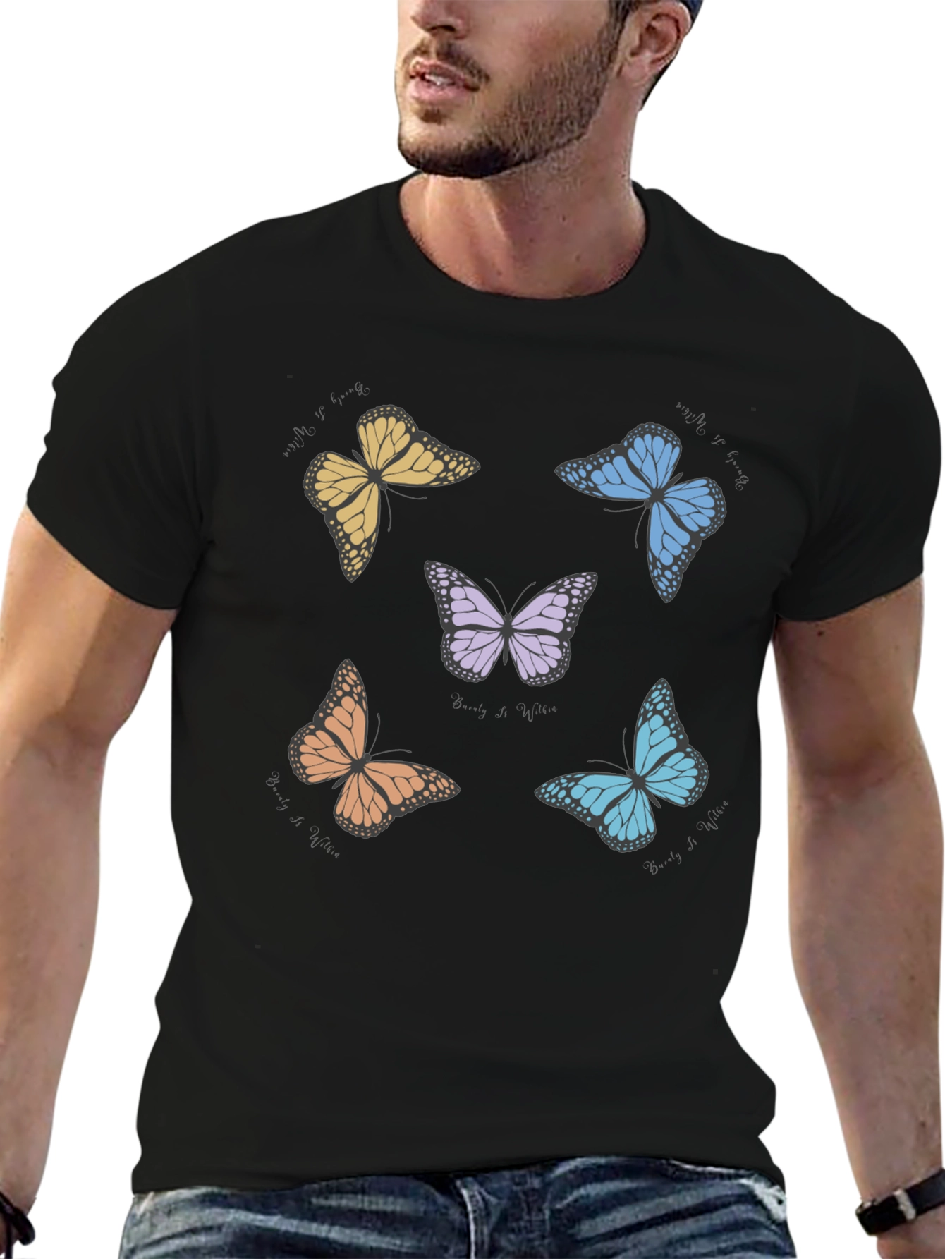Black Butterfly Print Crew Neck T-Shirt view 6