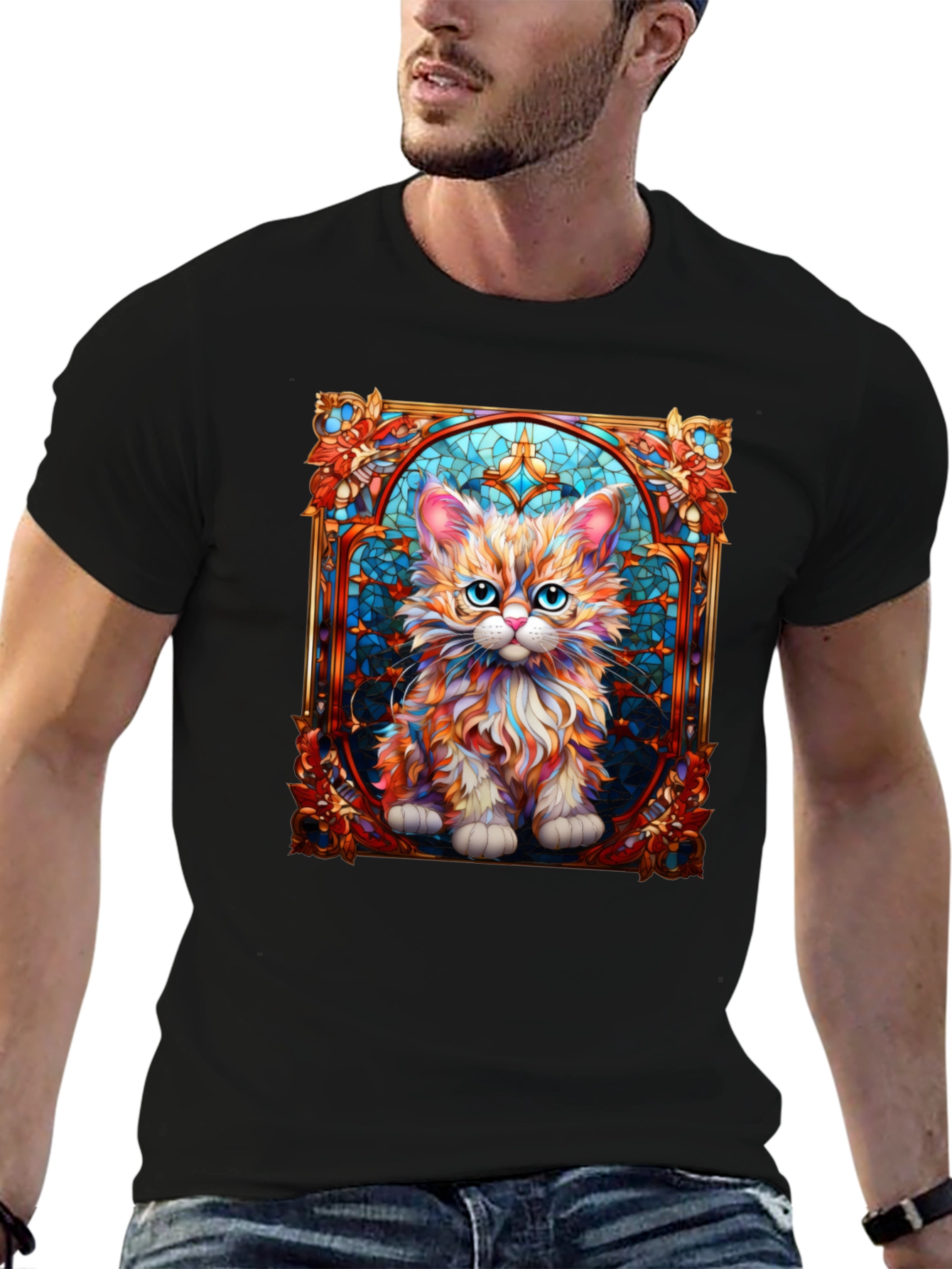 Black Stained Glass Cat Art T-Shirt view 6