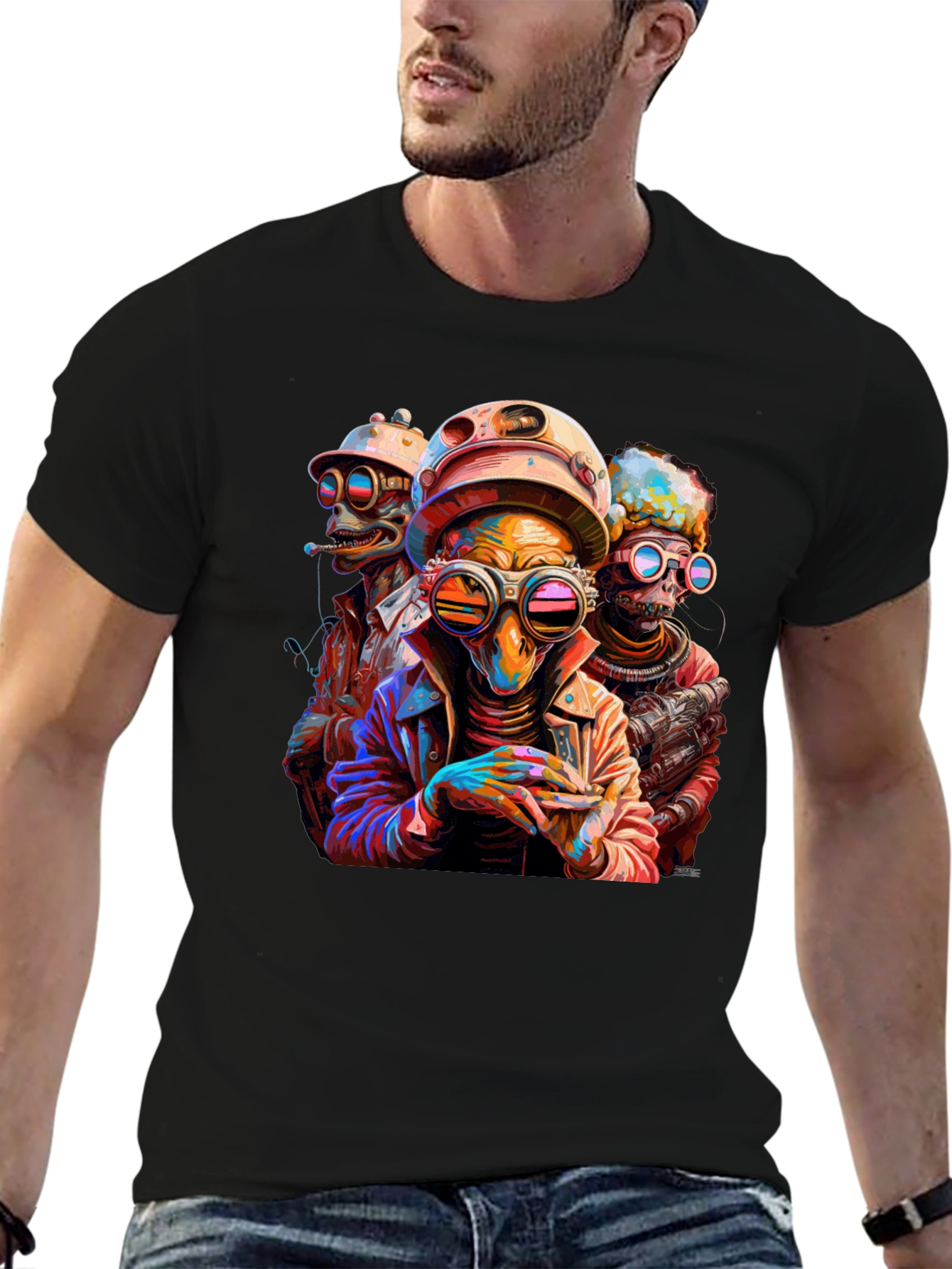 Black Steampunk Alien Trio Graphic Tee view 6