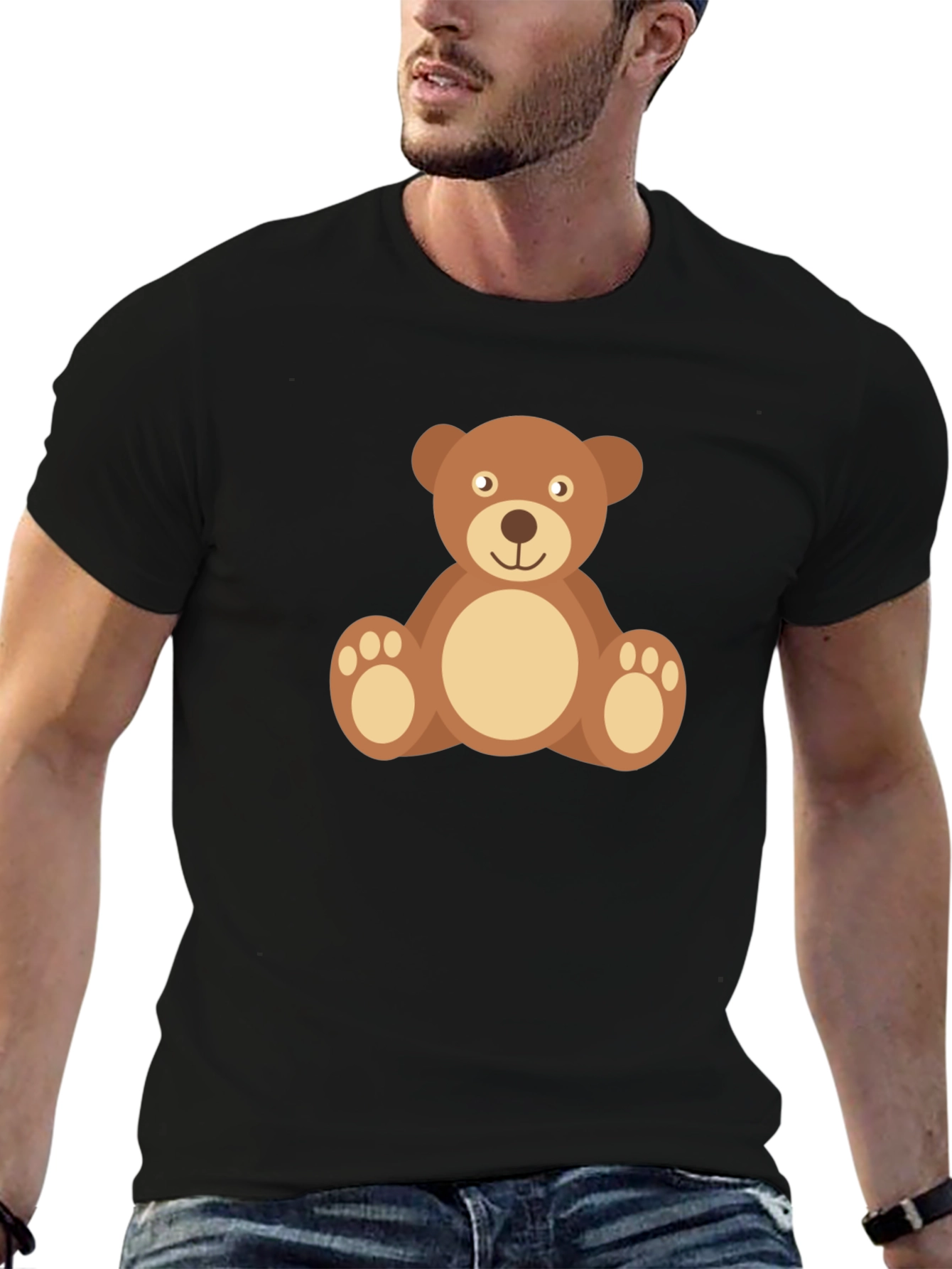 Black Cute Teddy Bear Graphic Tee - Black Cotton Shirt view 6