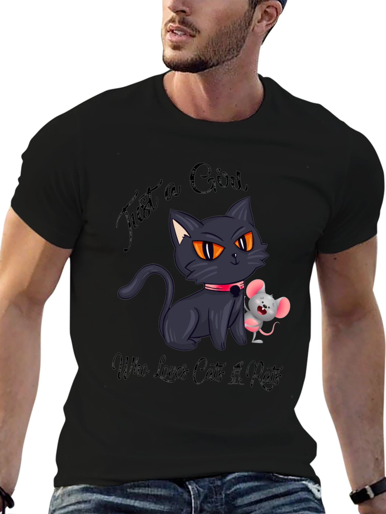 Black Cute Cat and Mouse Graphic Tee view 6