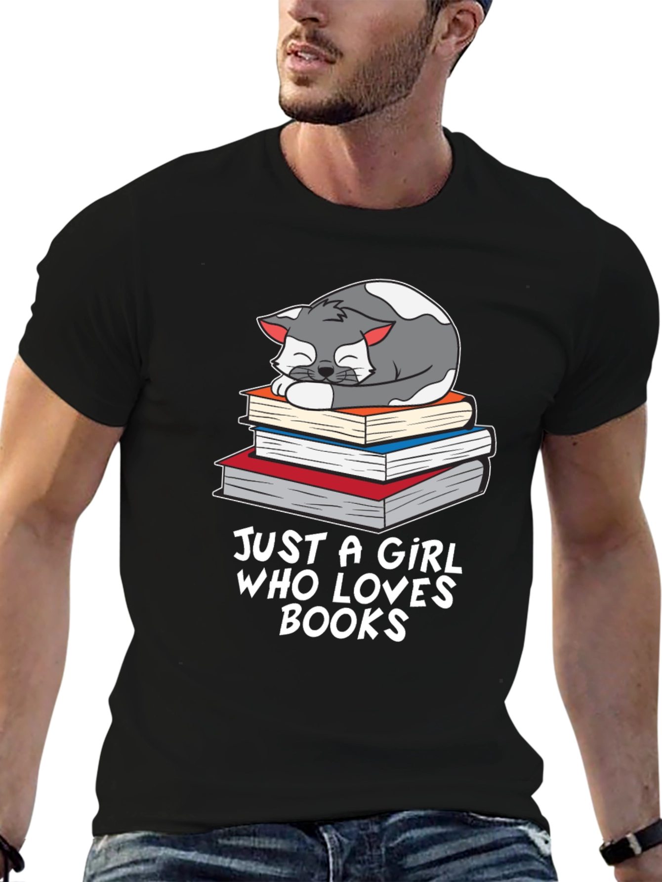 Black Cat on Books T-Shirt - Just a Girl Who Loves Books view 6