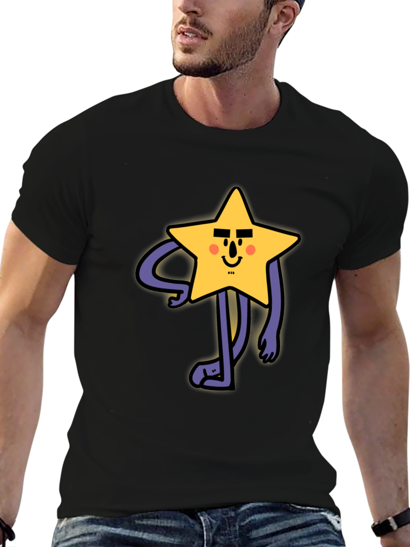 Black Funny Star Character Graphic Print Black T-Shirt view 6