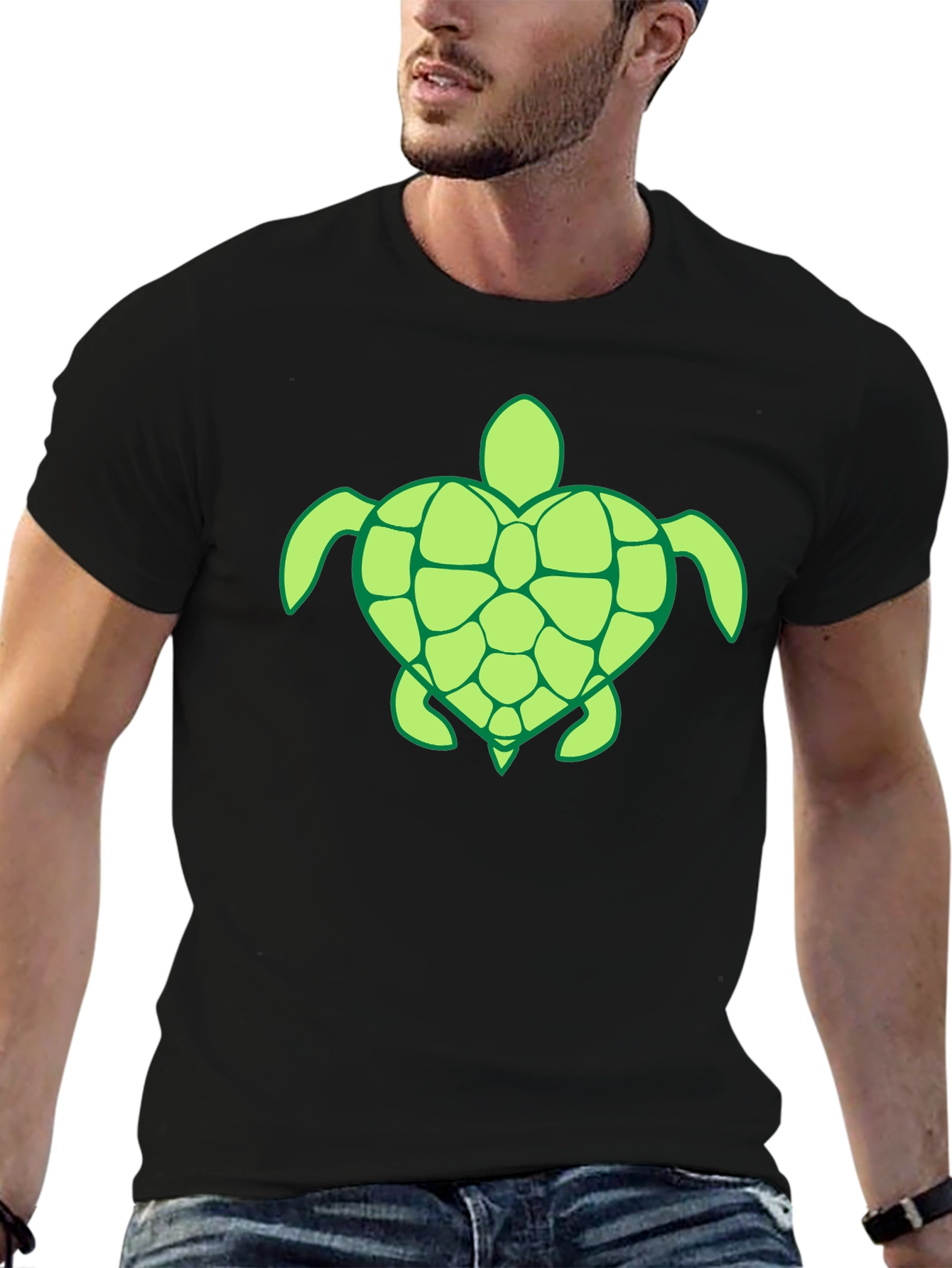Black Men's Black T-Shirt with Green Turtle Design view 6
