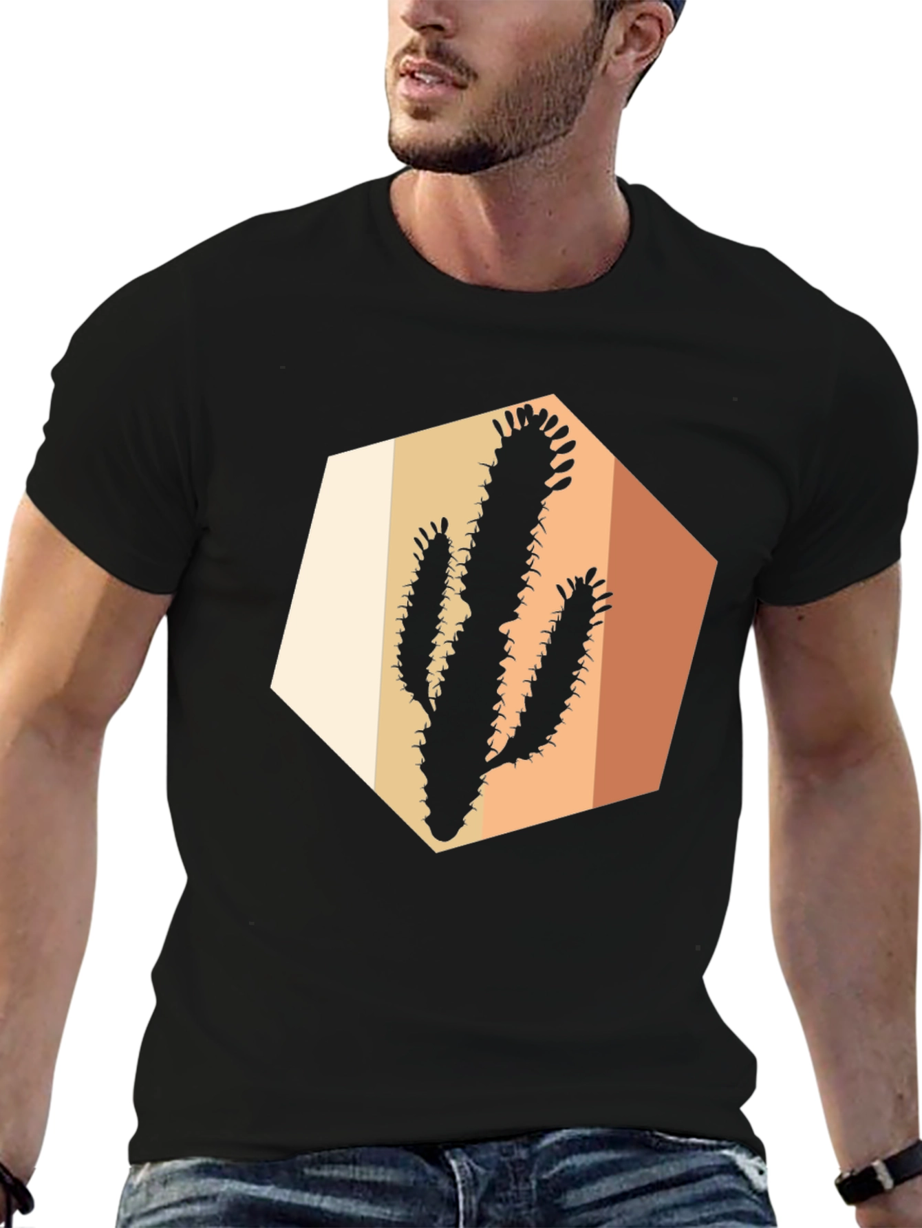 Black Retro Cactus Graphic Tee - Black Cotton Casual Wear view 6