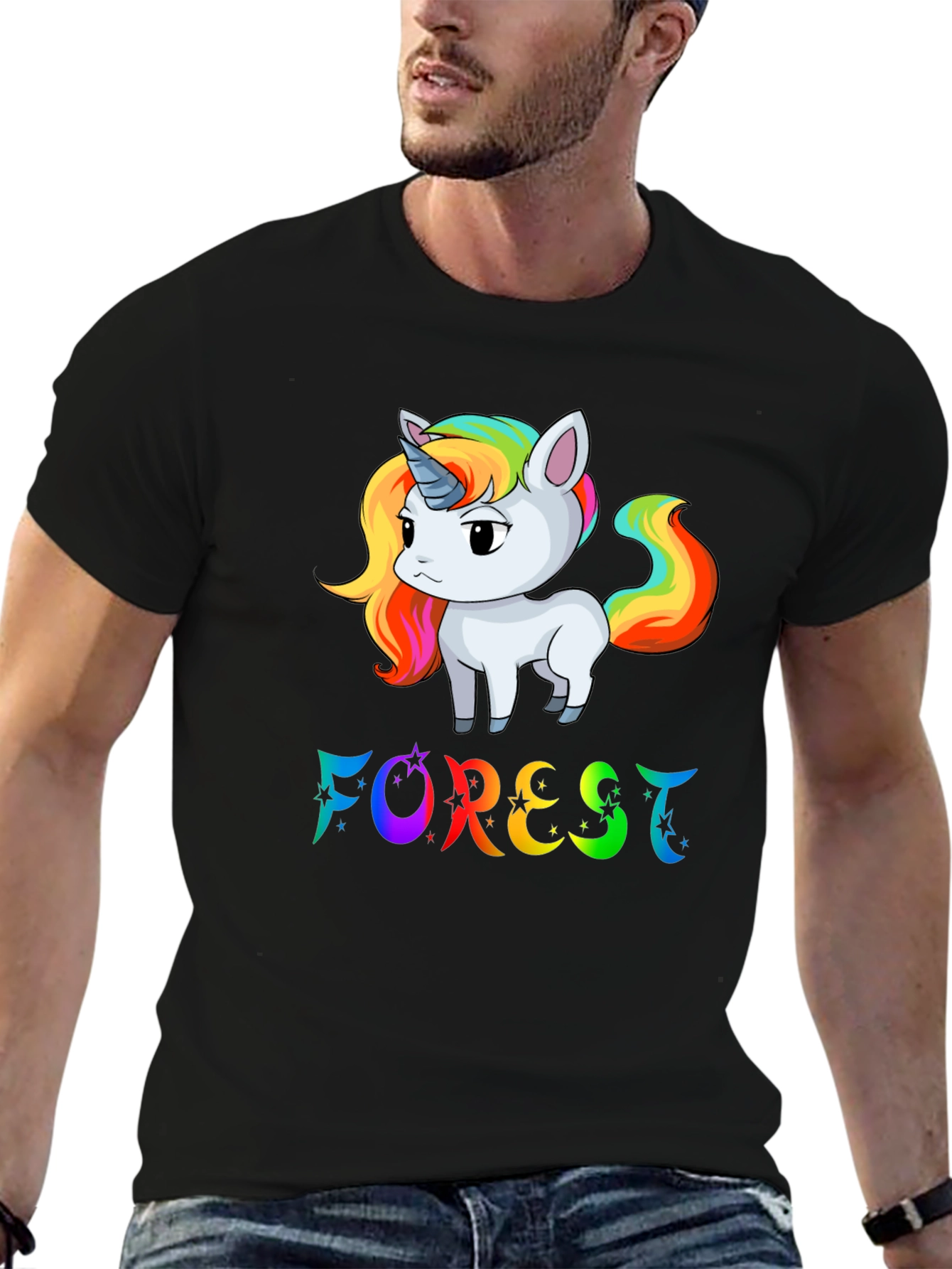 Black Rainbow Unicorn 'Forest' Graphic T-Shirt view 6