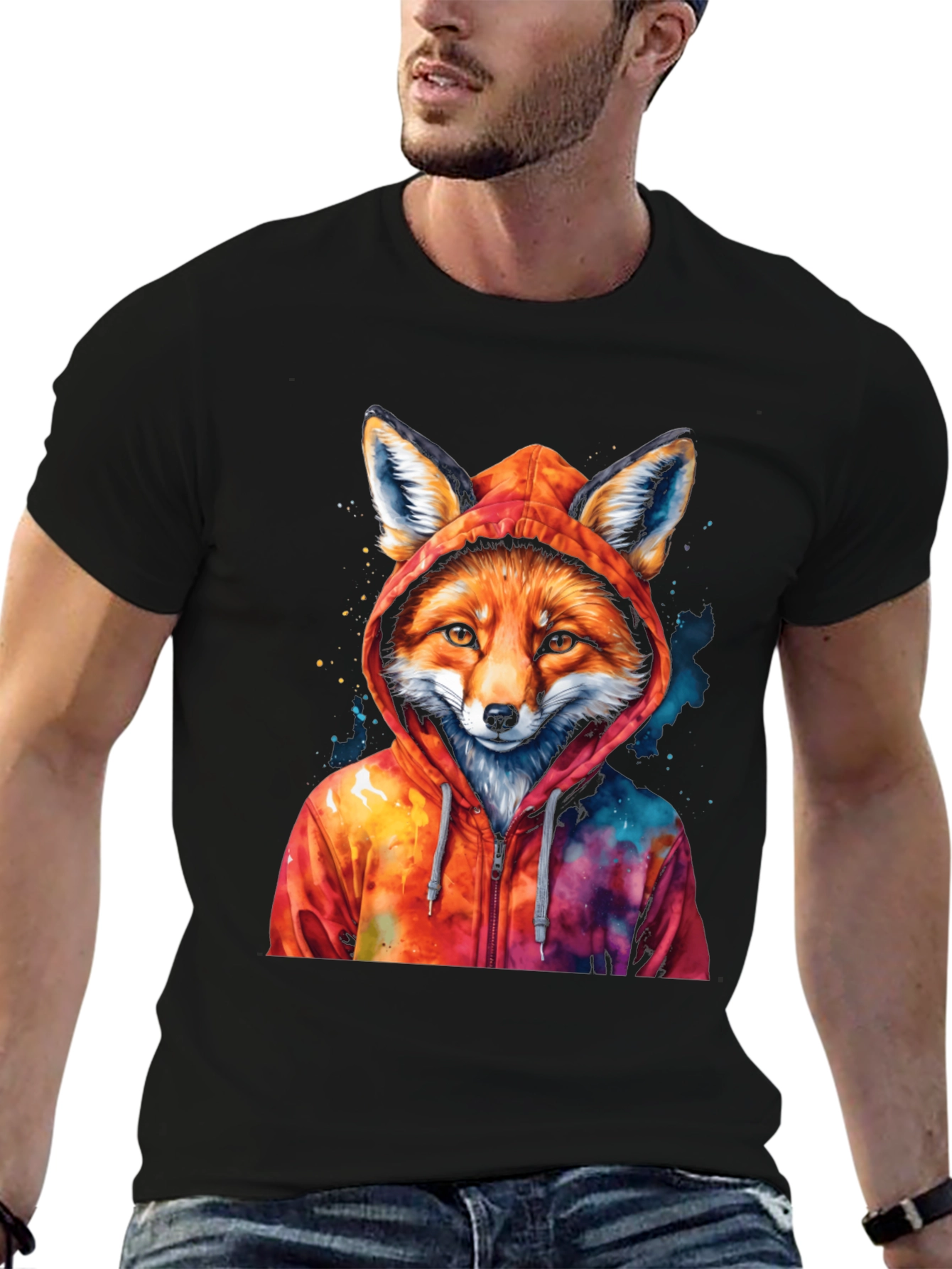 Fox in Hoodie Graphic T-Shirt - Cool Animal Tee - 6