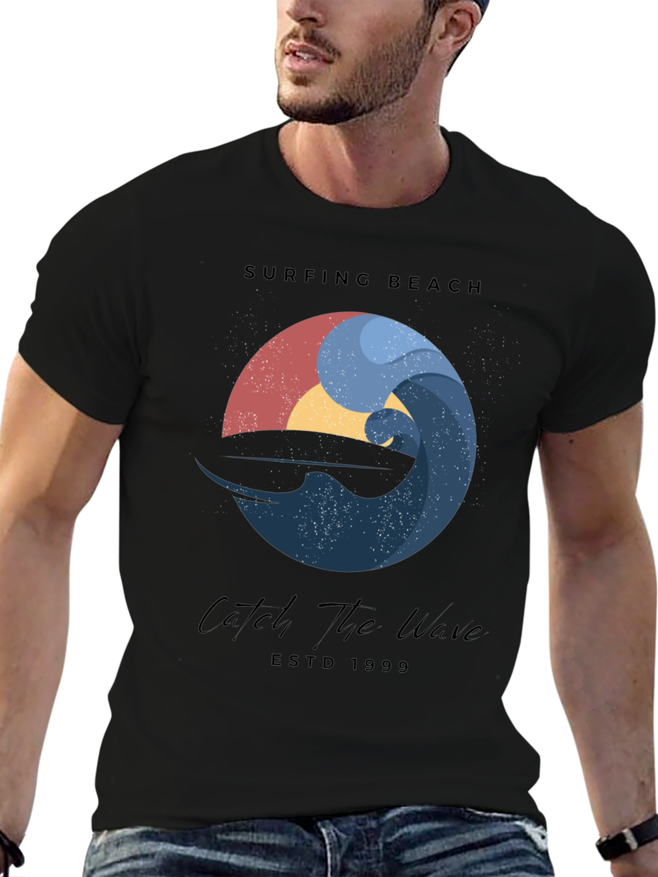 Black Surfing Beach Wave Graphic T-Shirt view 6