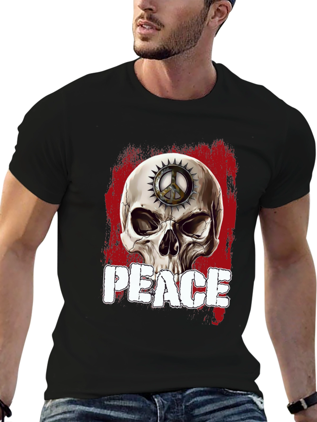 Black Skull Peace Sign Graphic T-Shirt view 6