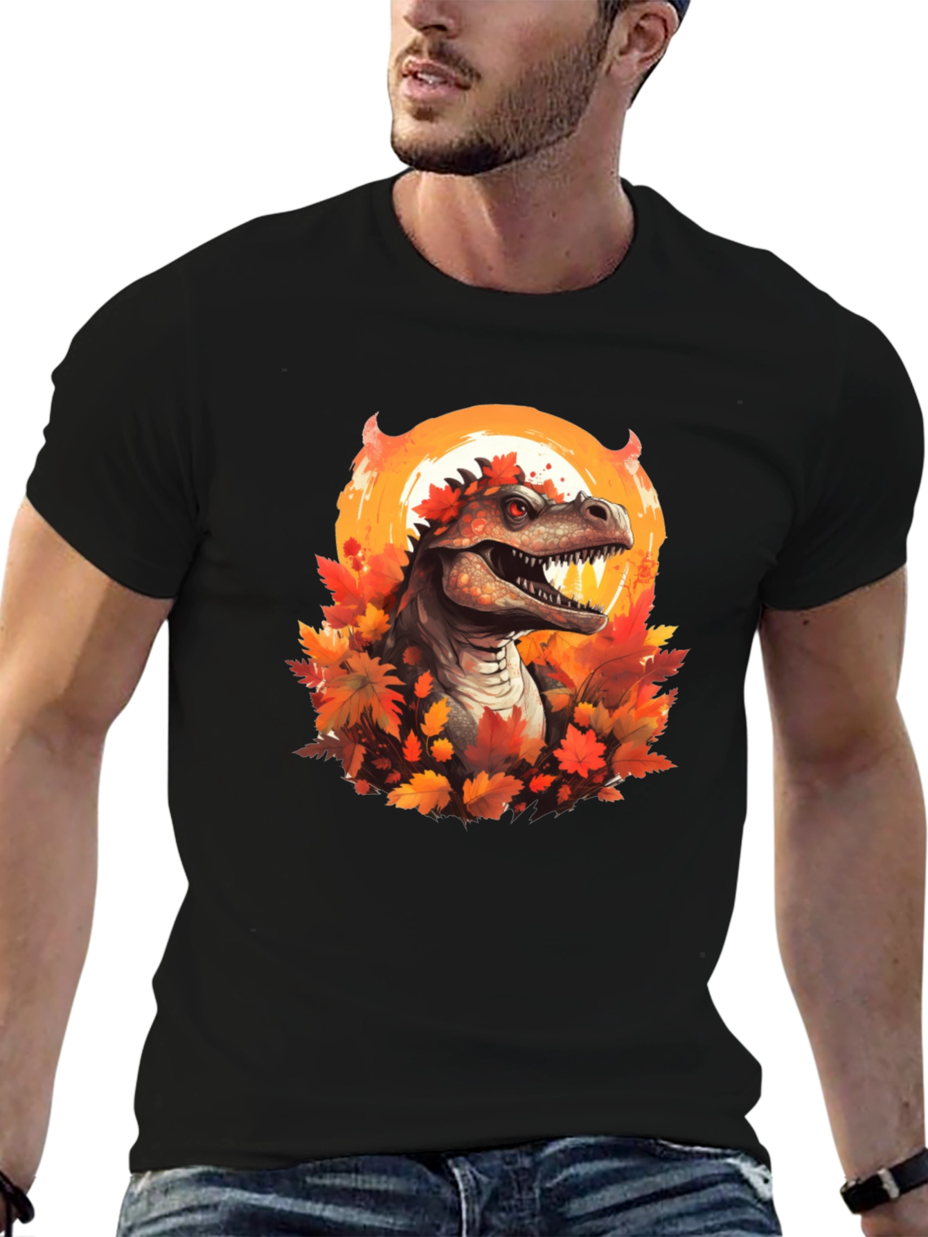 Black Dinosaur in Autumn T-Shirt view 6