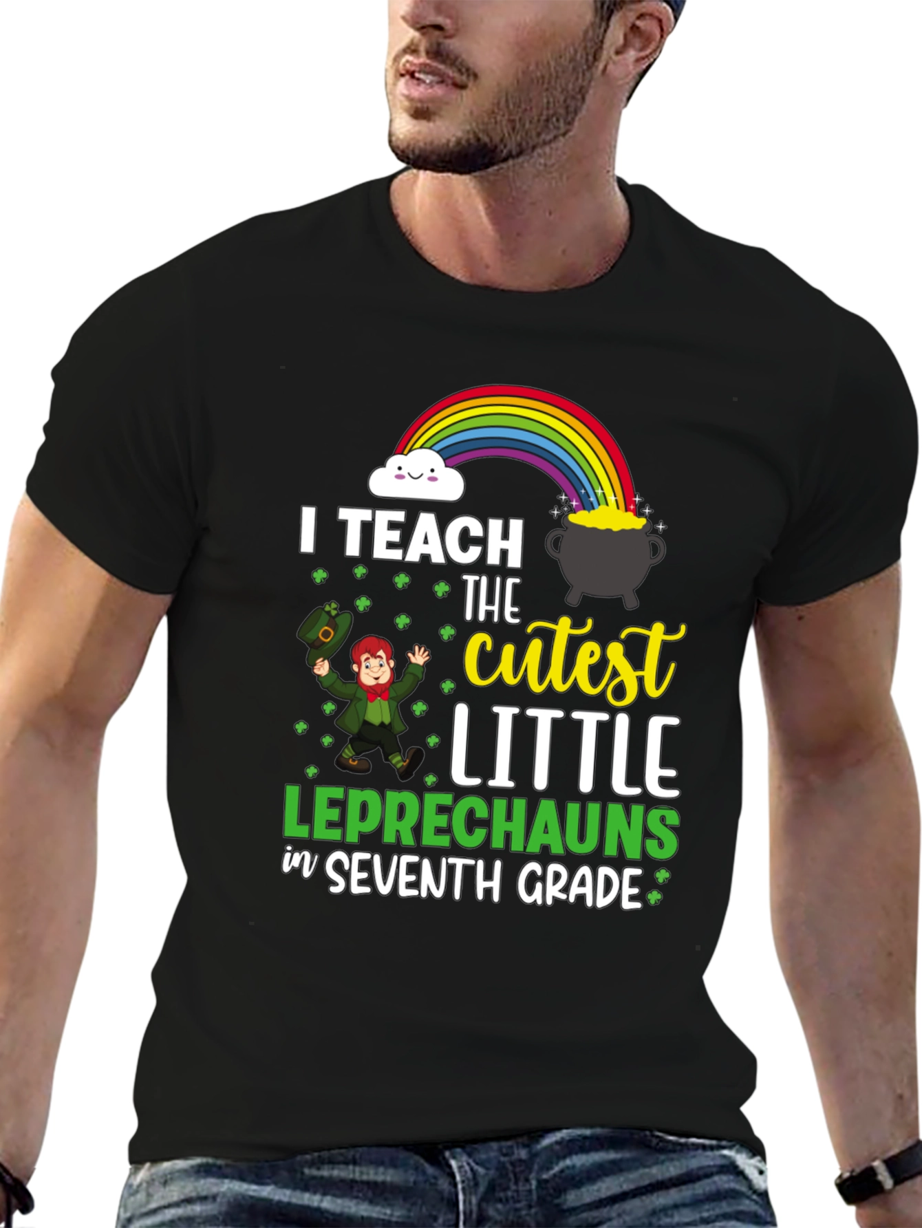 Black Cute Leprechaun Seventh Grade Teacher T-Shirt view 6