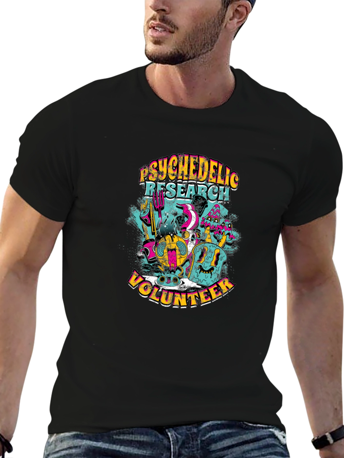 Black Psychedelic Research Volunteer Graphic T-Shirt view 6
