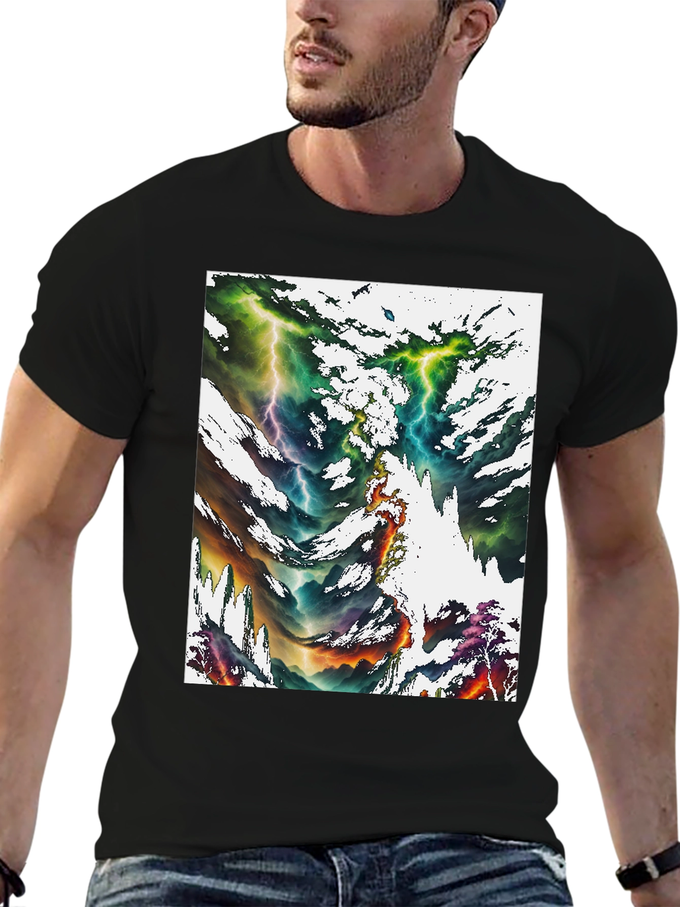 Black Abstract Lightning Bolt Graphic Print Black Tee view 6