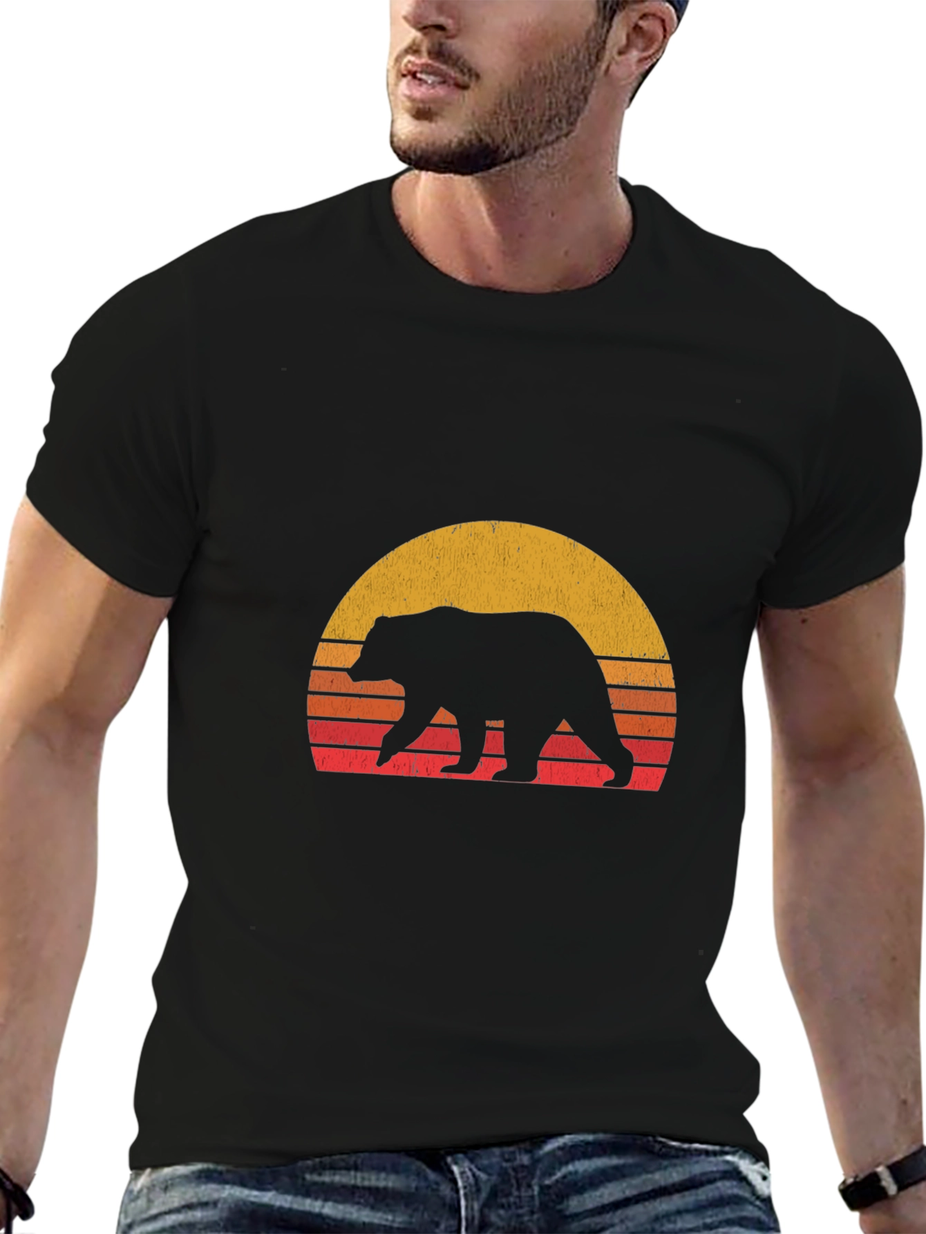 Black Retro Bear Sunset Graphic T-Shirt view 6