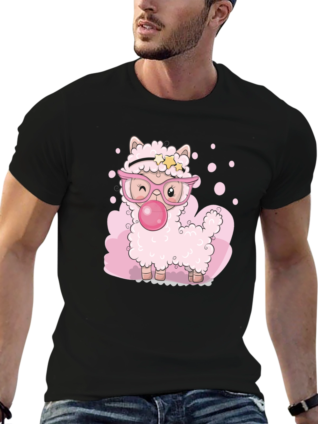Black Cute Cartoon Llama Bubble Gum Black T-Shirt view 6