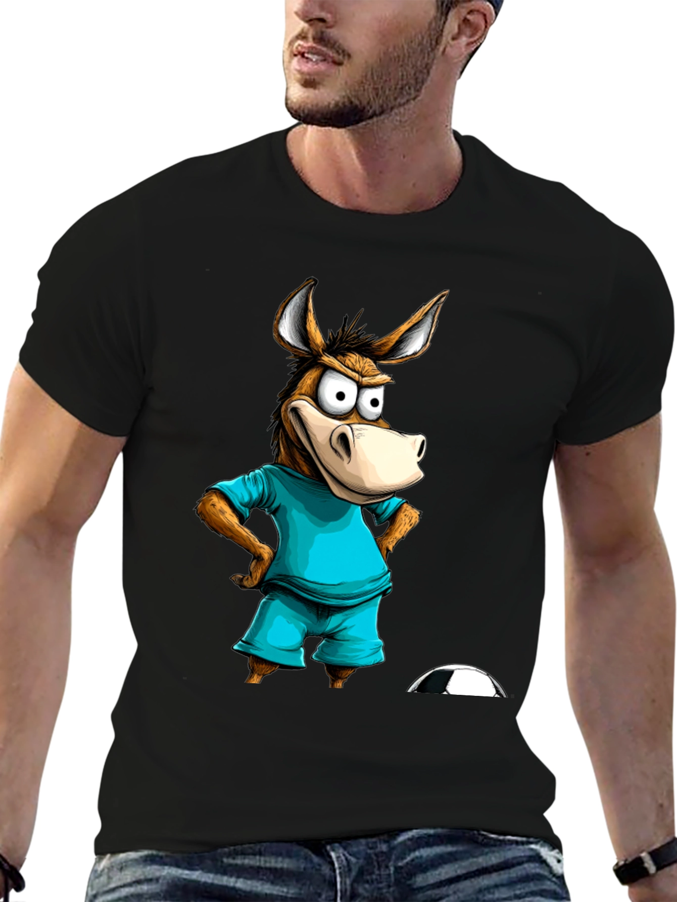 Black Funny Donkey Soccer T-Shirt - Cartoon Animal Tee view 6