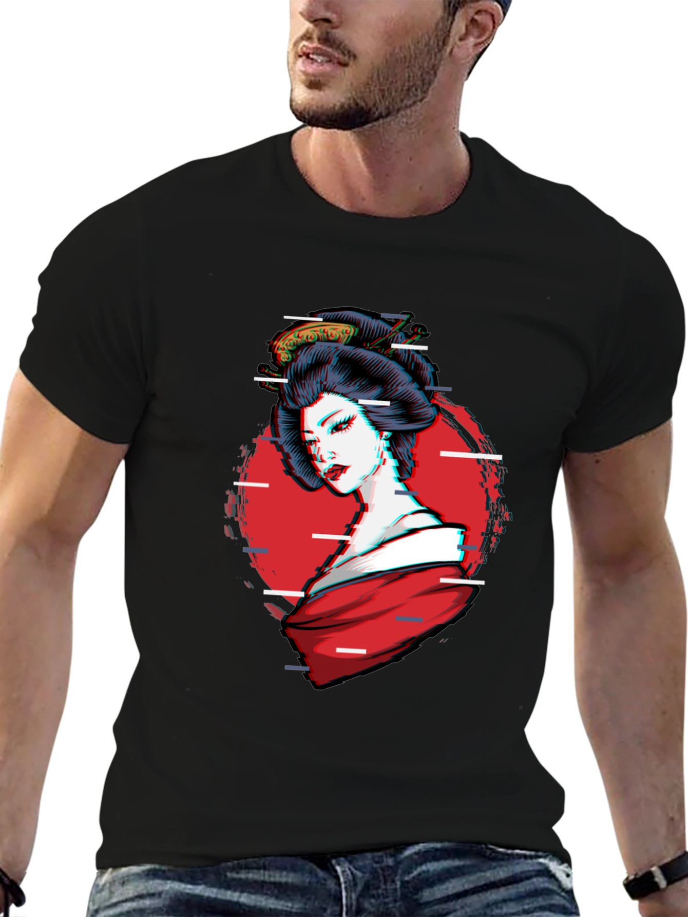 Black Geisha Glitch T-Shirt - Stylish Graphic Tee view 6
