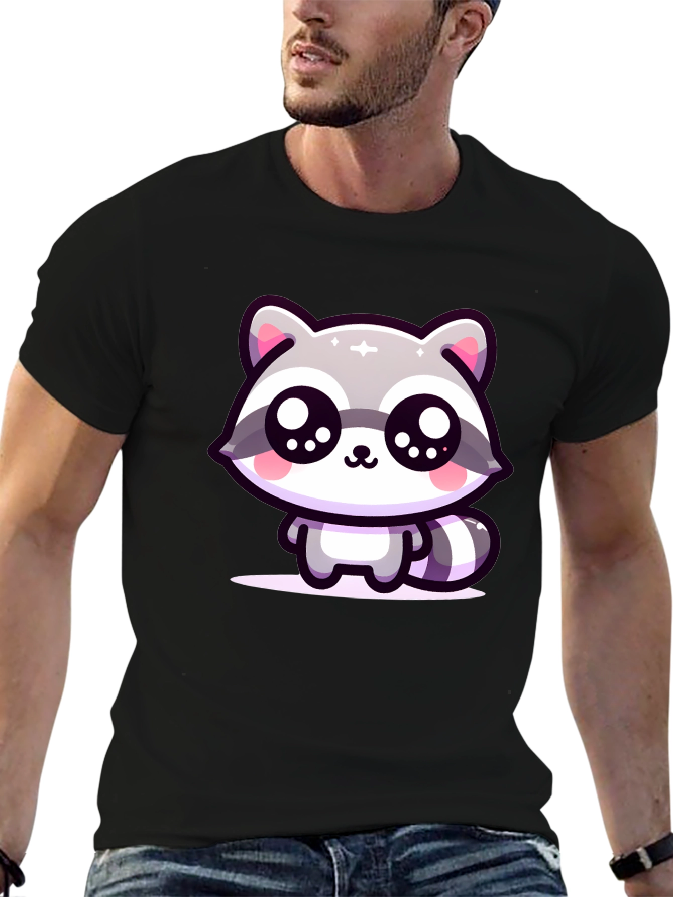 Black Cute Raccoon Graphic Black T-Shirt view 6
