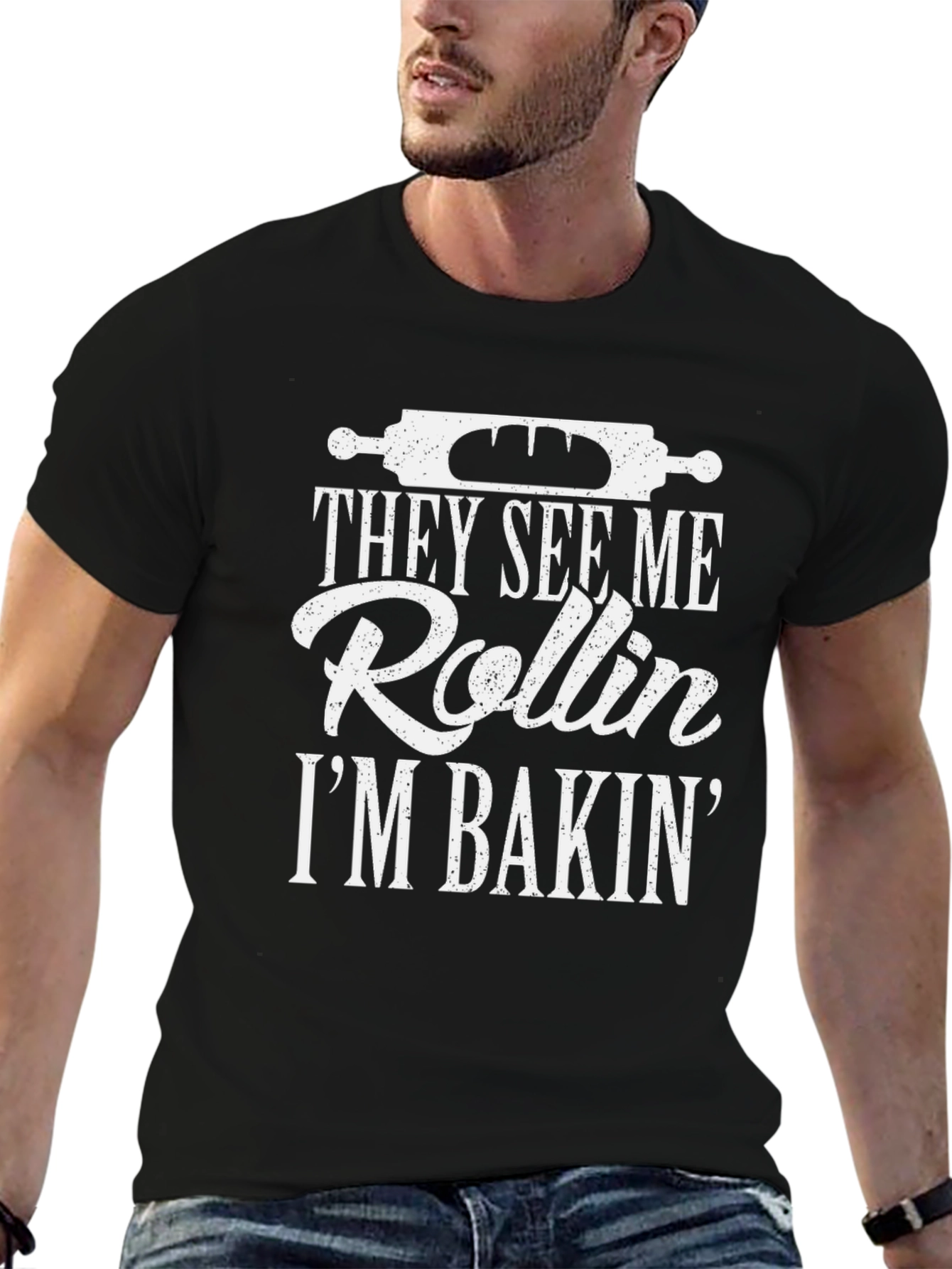 Black They See Me Rollin' I'm Bakin' Black T-Shirt view 6
