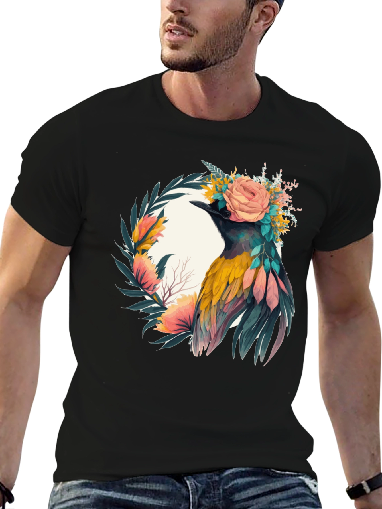 Black Floral Bird Graphic Tee - Unique Design view 6