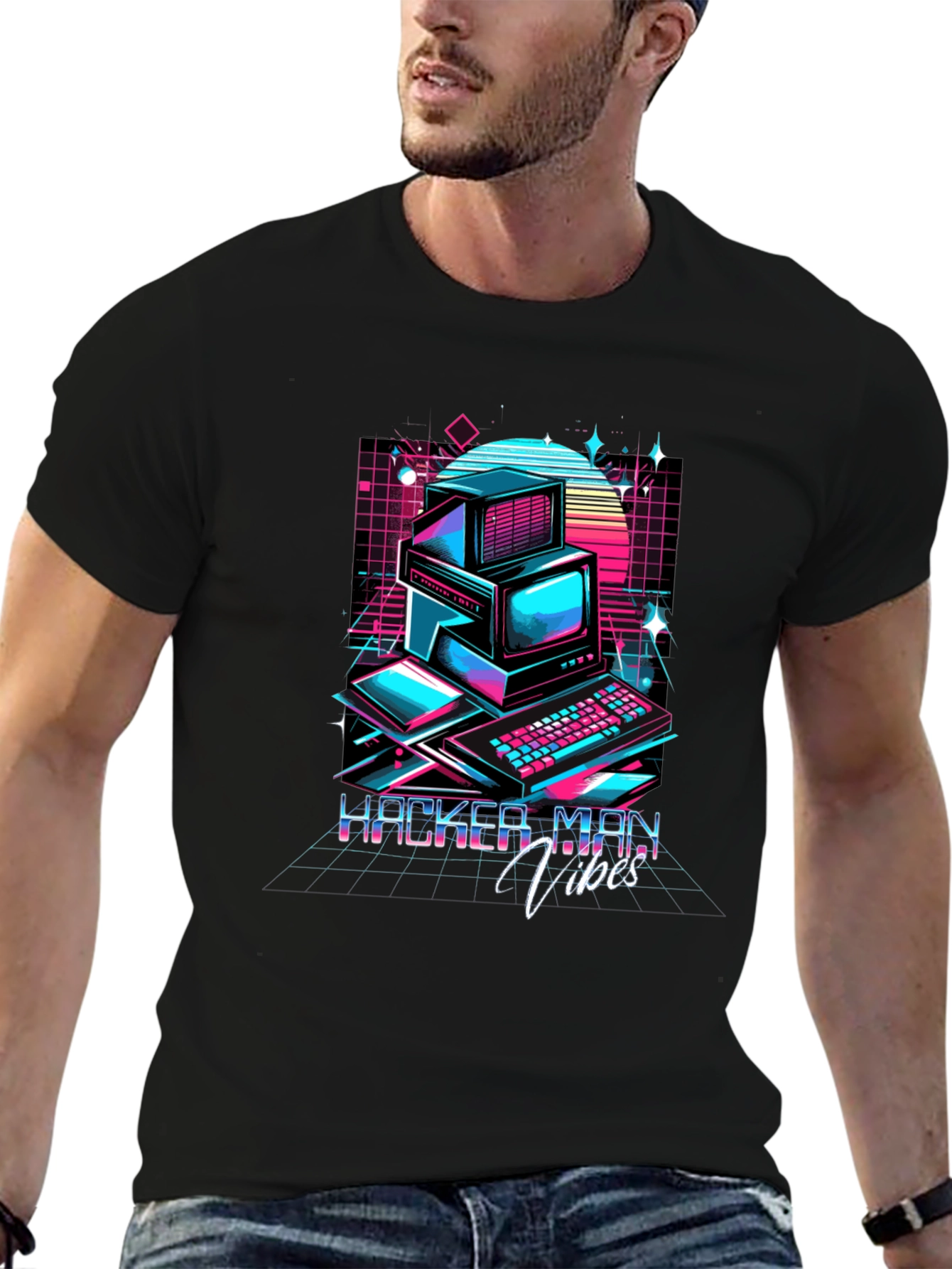 Black Hacker Man Vibes T-Shirt - Retro Computer Design view 6