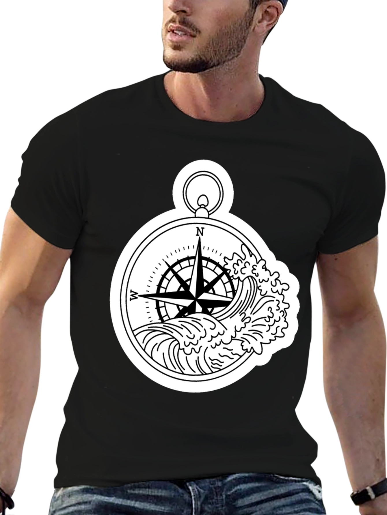Black Nautical Compass Wave Graphic T-Shirt - Black view 6