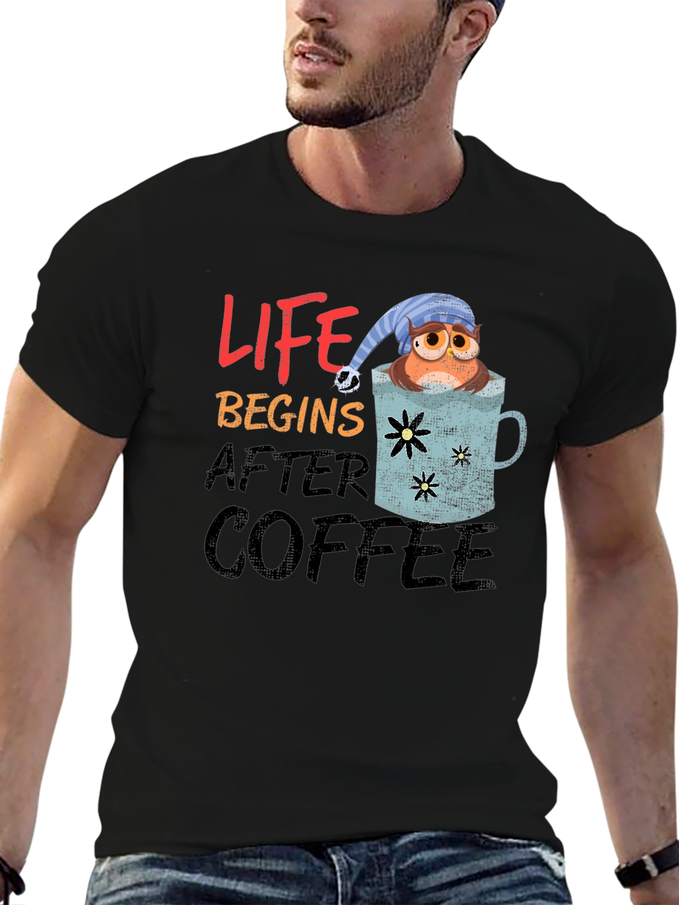 Black Life Begins After Coffee Owl Graphic T-Shirt view 6