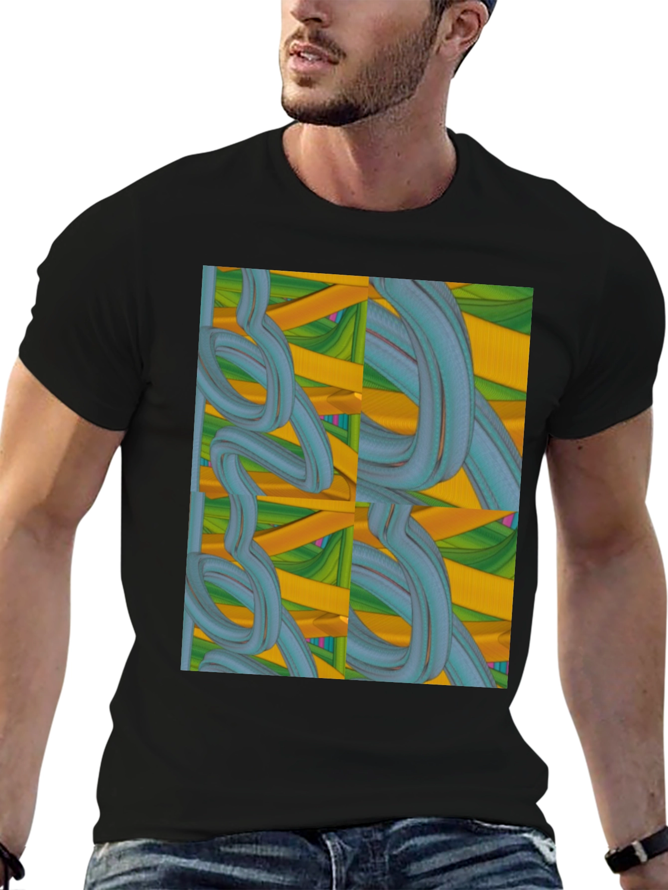 Black Abstract Swirl Design Black T-Shirt view 6
