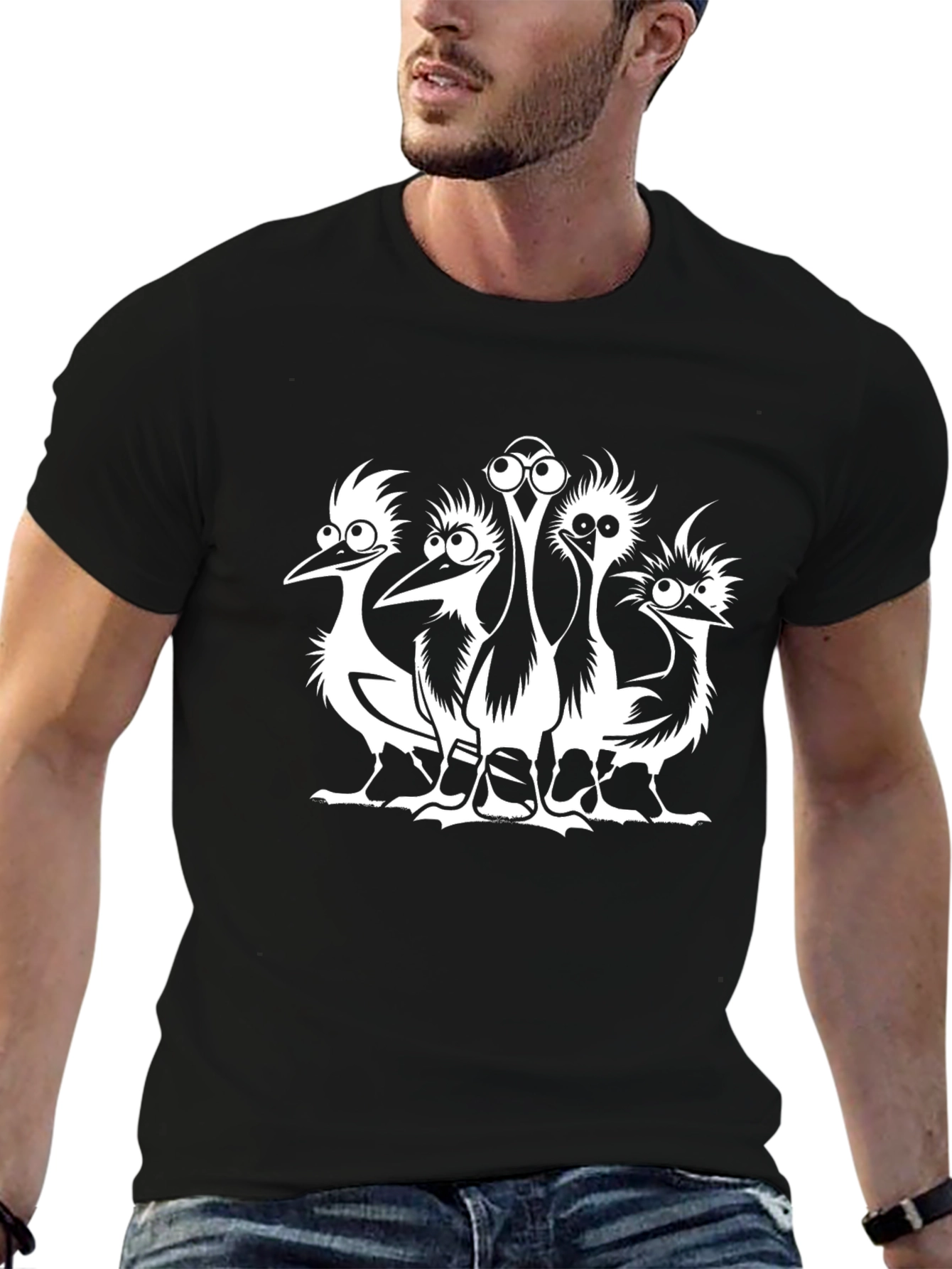 Black Cartoon Ostrich Graphic T-Shirt - Unisex view 6